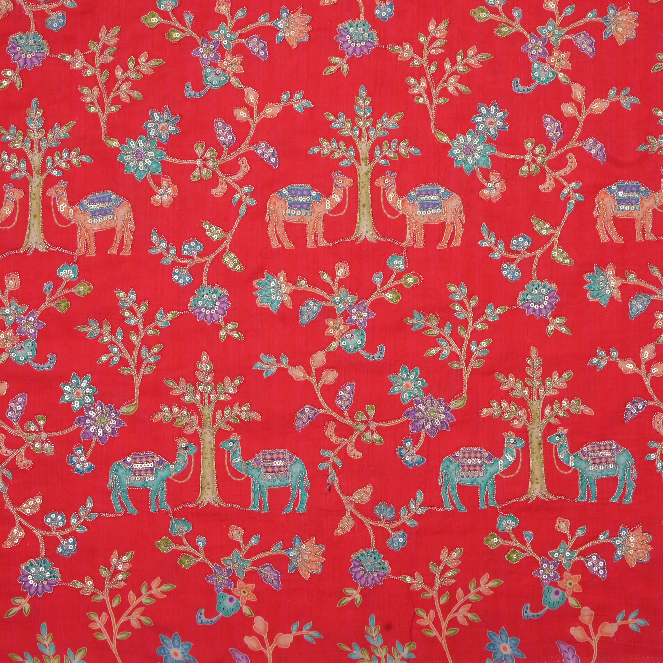 Imperial Red Silk Embroidery Jaal Fabric