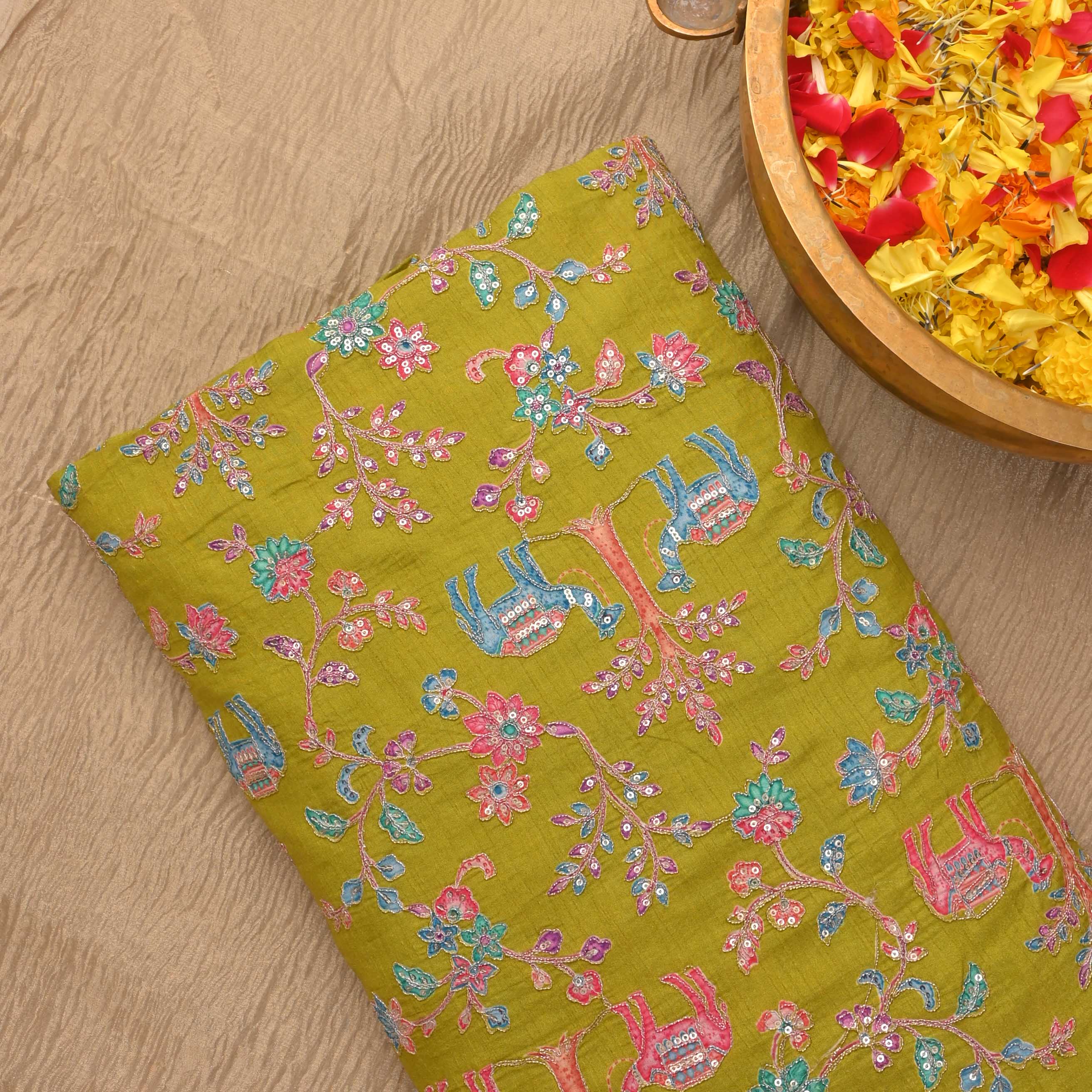 Peridot Green Silk Embroidery Jaal Fabric