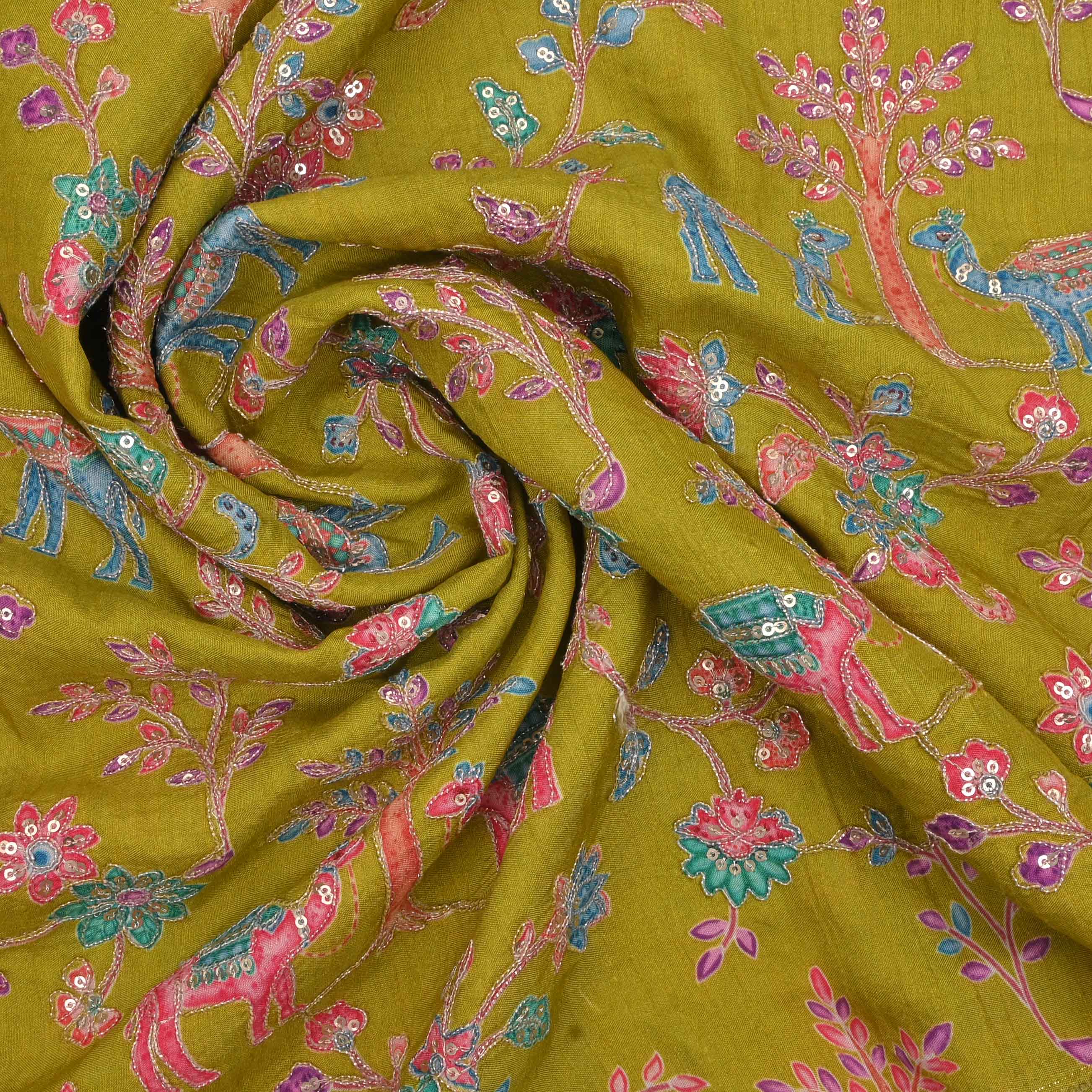 Peridot Green Silk Embroidery Jaal Fabric