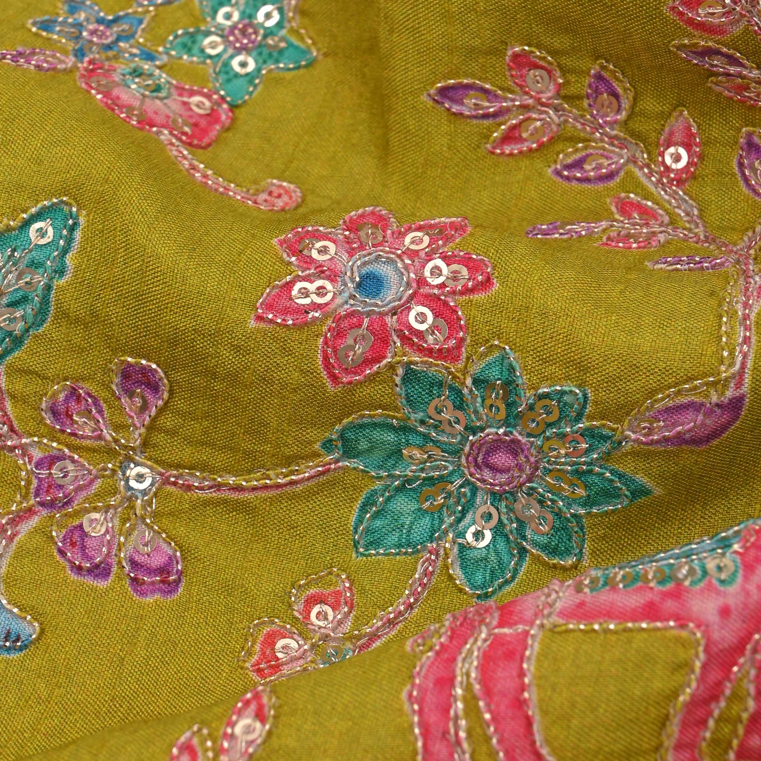 Peridot Green Silk Embroidery Jaal Fabric