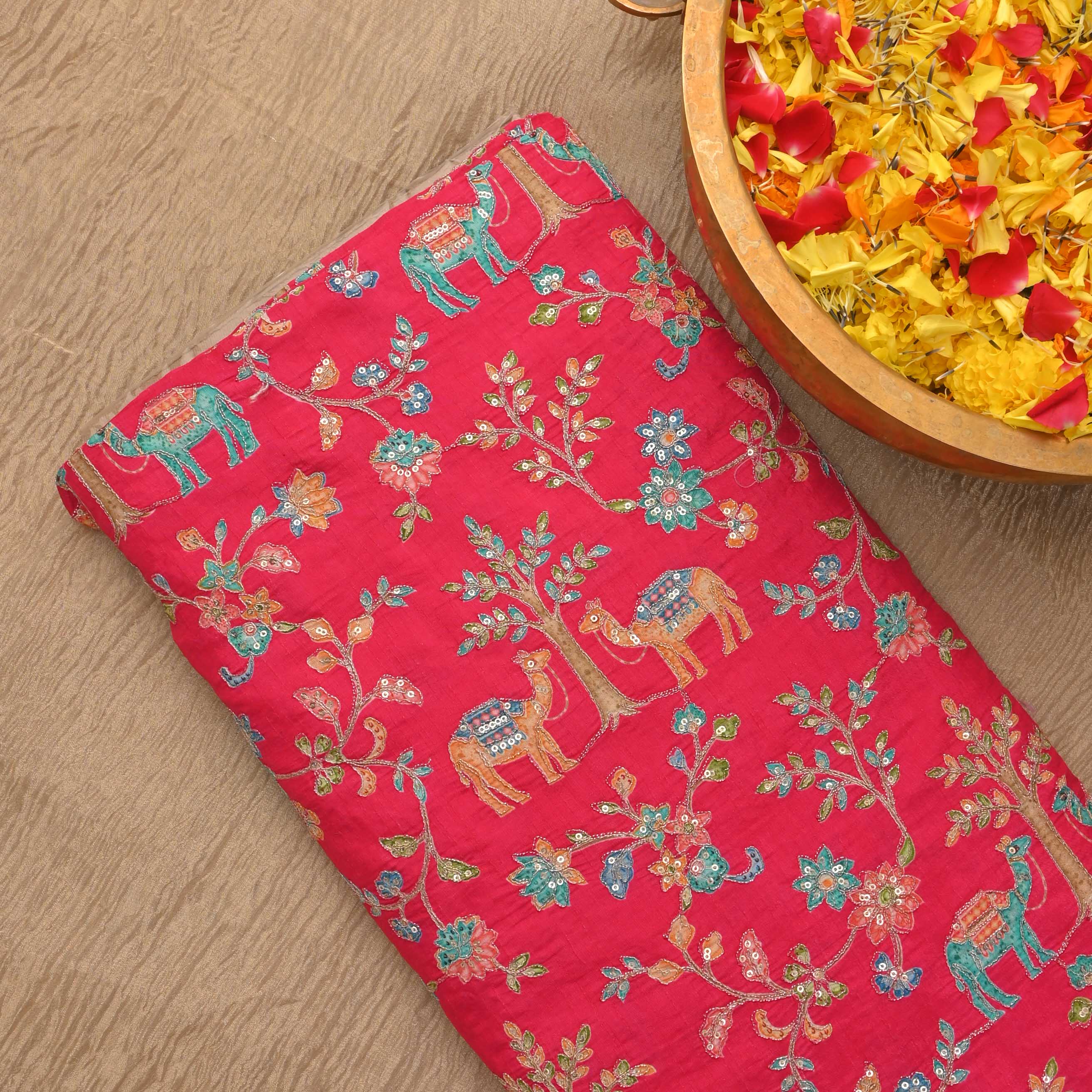 Amaranth Pink Silk Embroidery Jaal Fabric