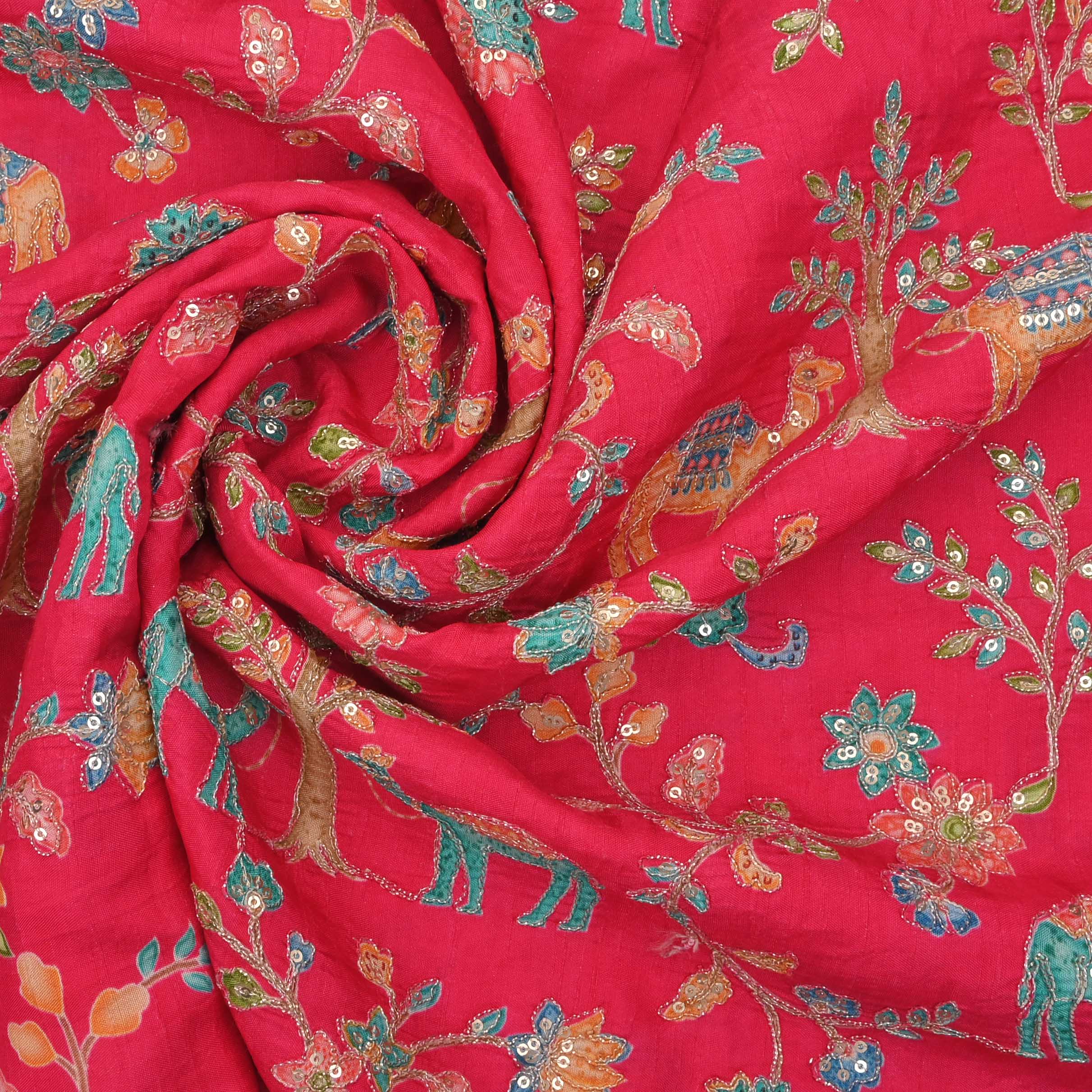 Amaranth Pink Silk Embroidery Jaal Fabric
