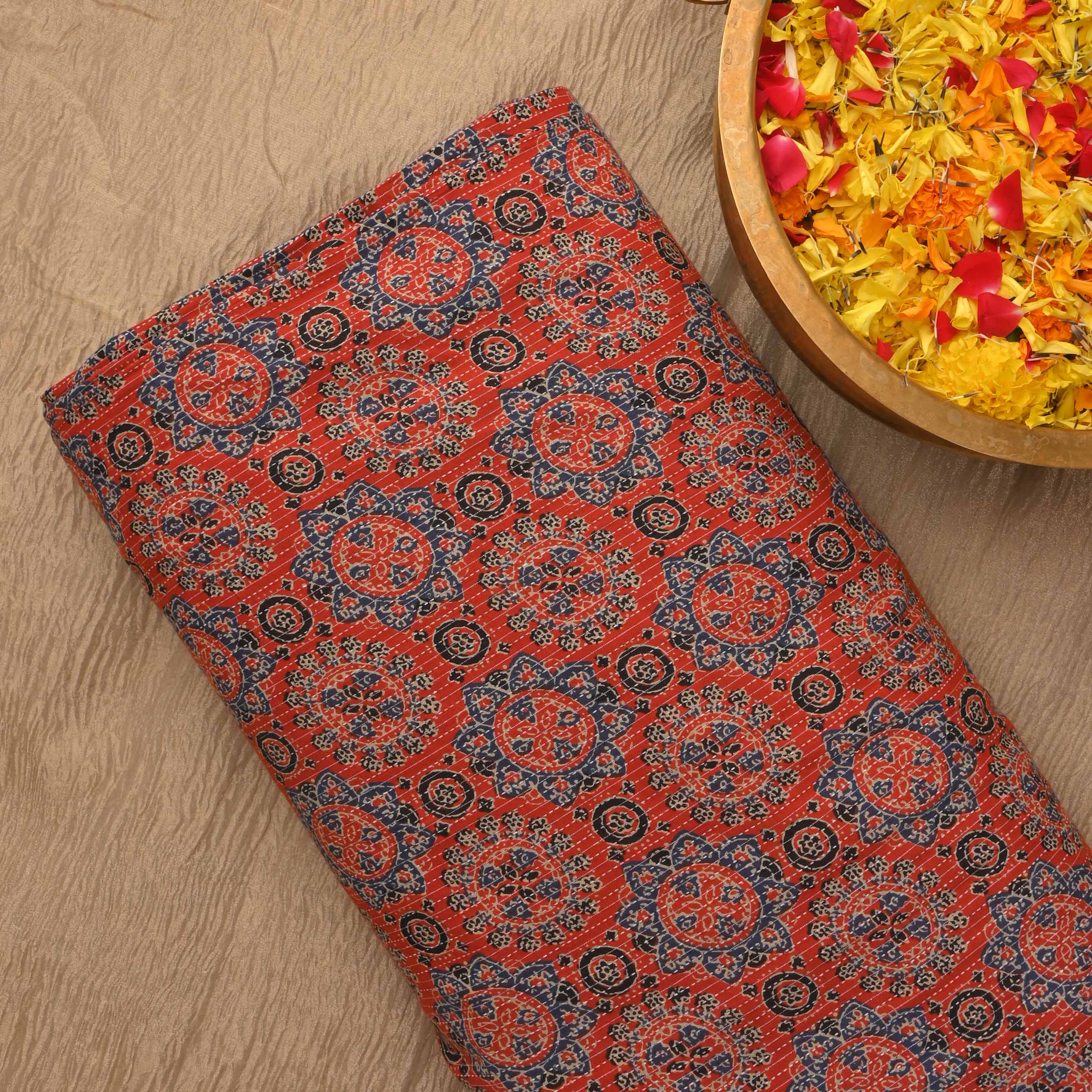 Rust Maroon Ajrakh Printed Cotton Fabric