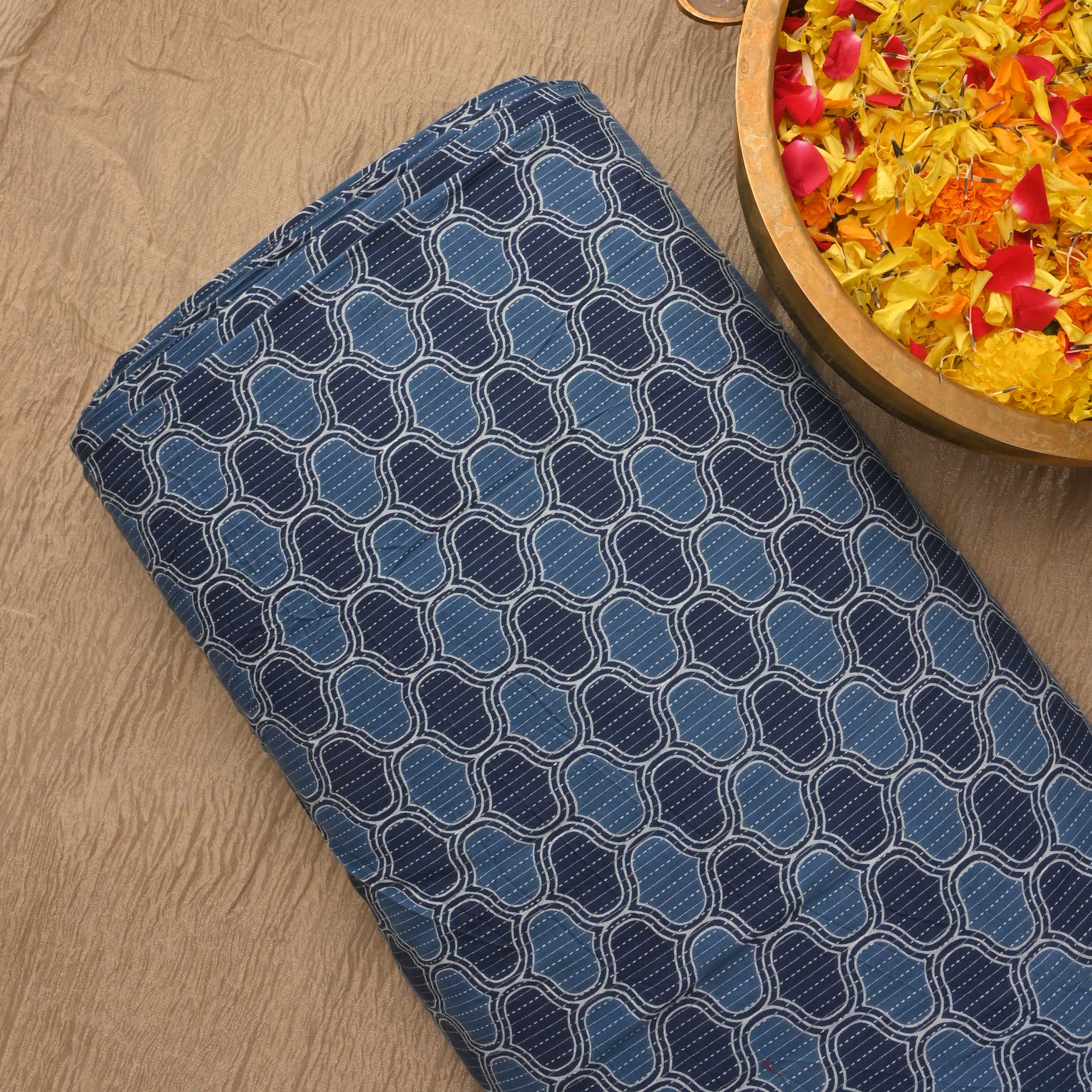 Marine Blue Ajrakh Printed Cotton Fabric