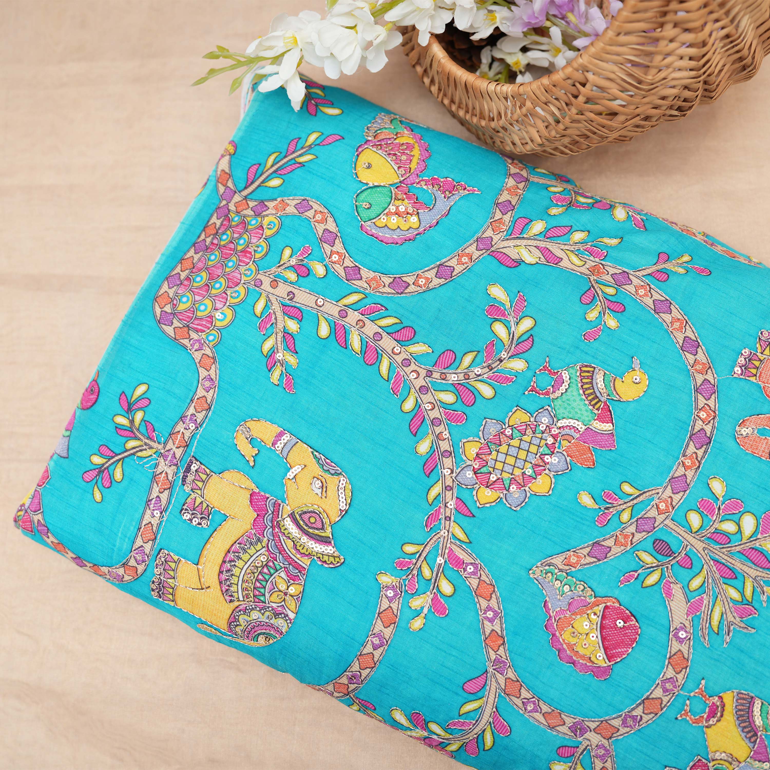 Bright Turquoise Printed Floral And Animal Motifs Dola Silk Fabric