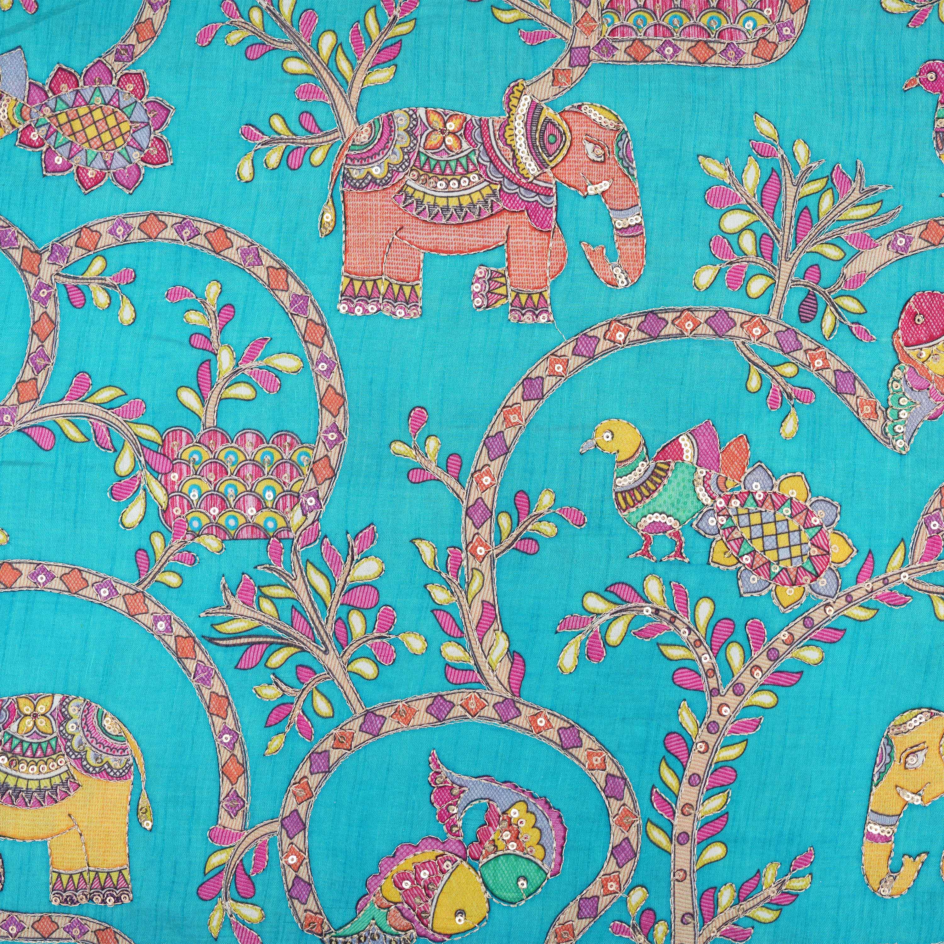 Bright Turquoise Printed Floral And Animal Motifs Dola Silk Fabric
