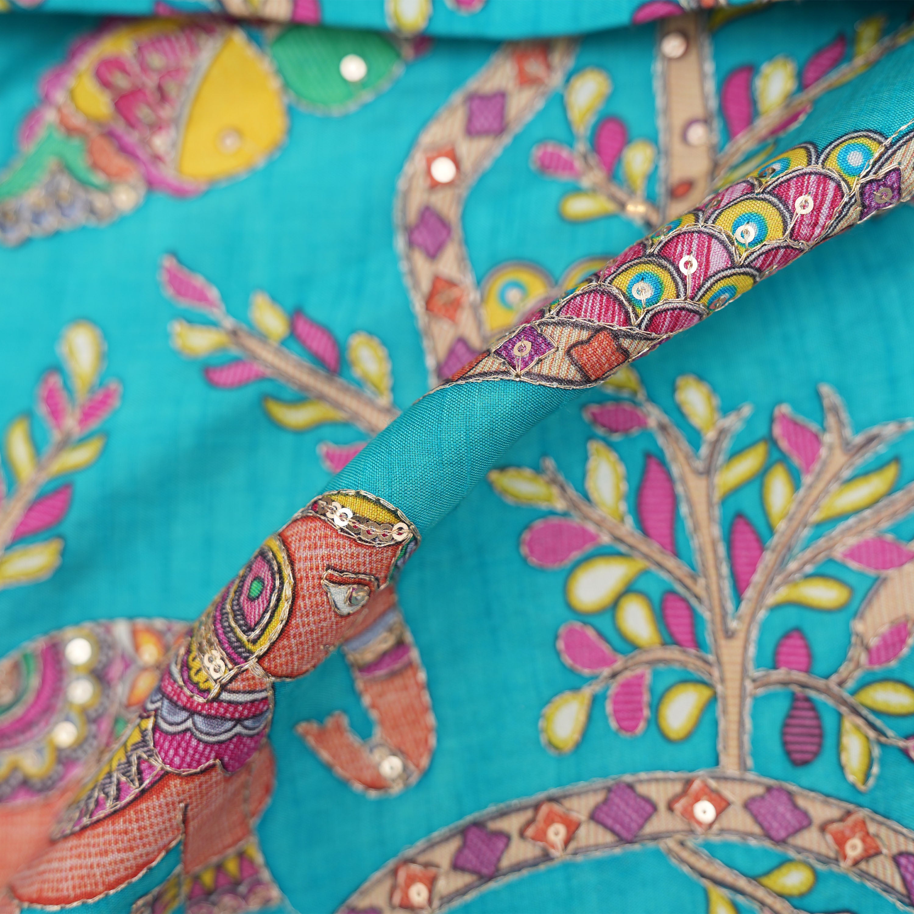 Bright Turquoise Printed Floral And Animal Motifs Dola Silk Fabric
