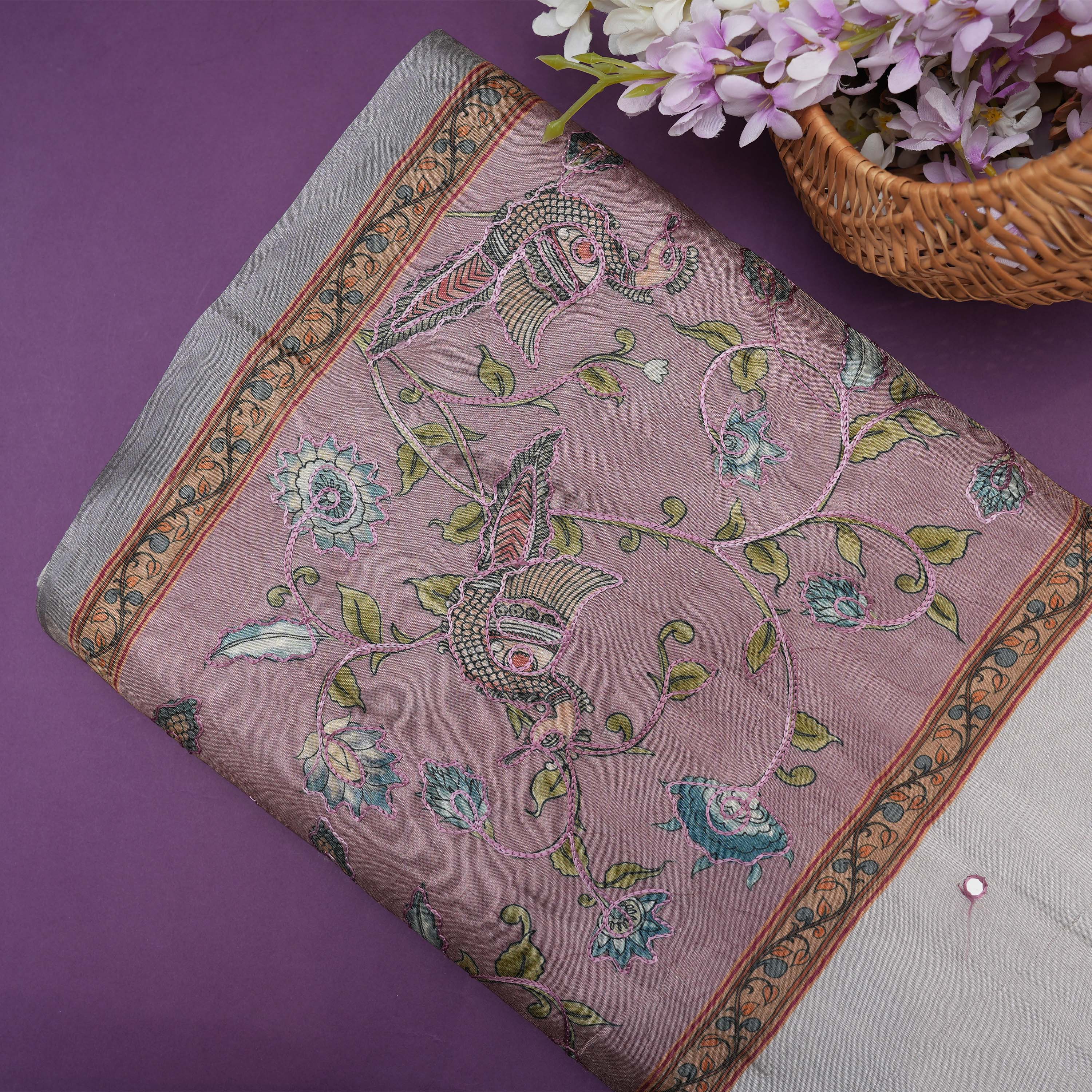 Pale Purple Floral Mayil Contrast Border Printed Tissue Fabric