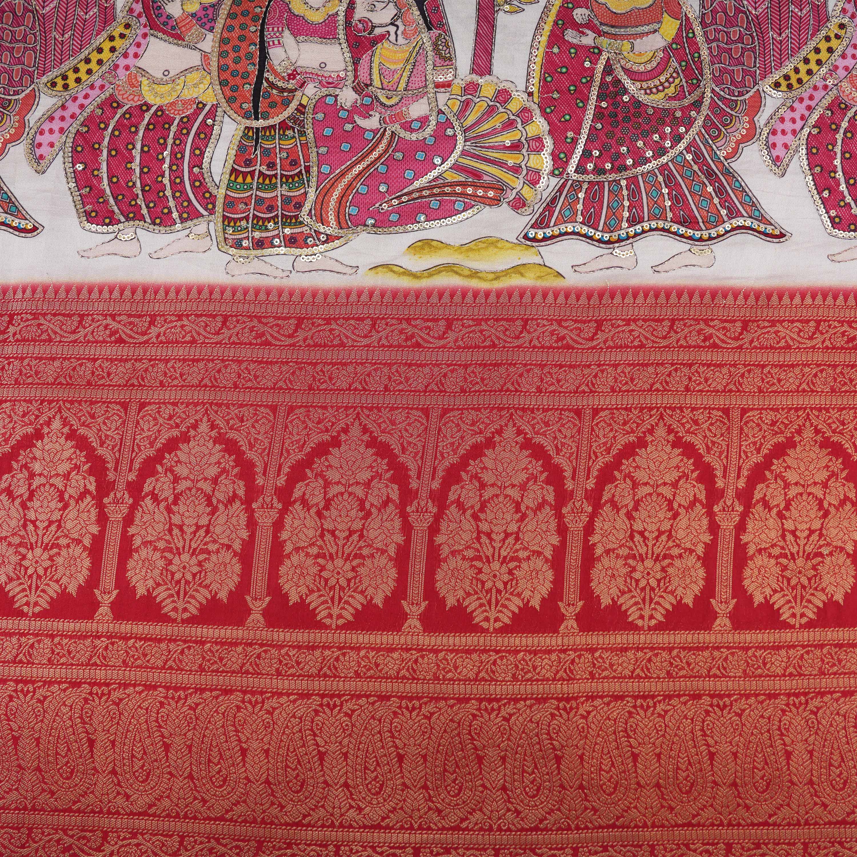 Off White Traditional Border Printed Silk Fabric