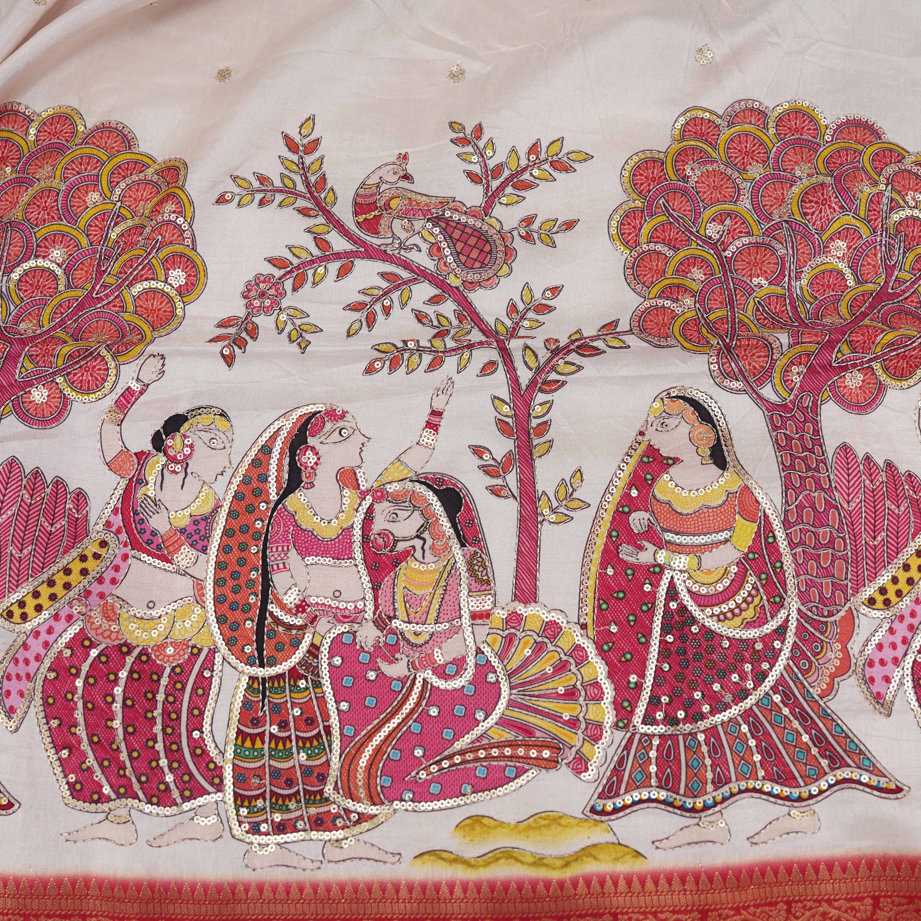 Off White Traditional Border Printed Silk Fabric