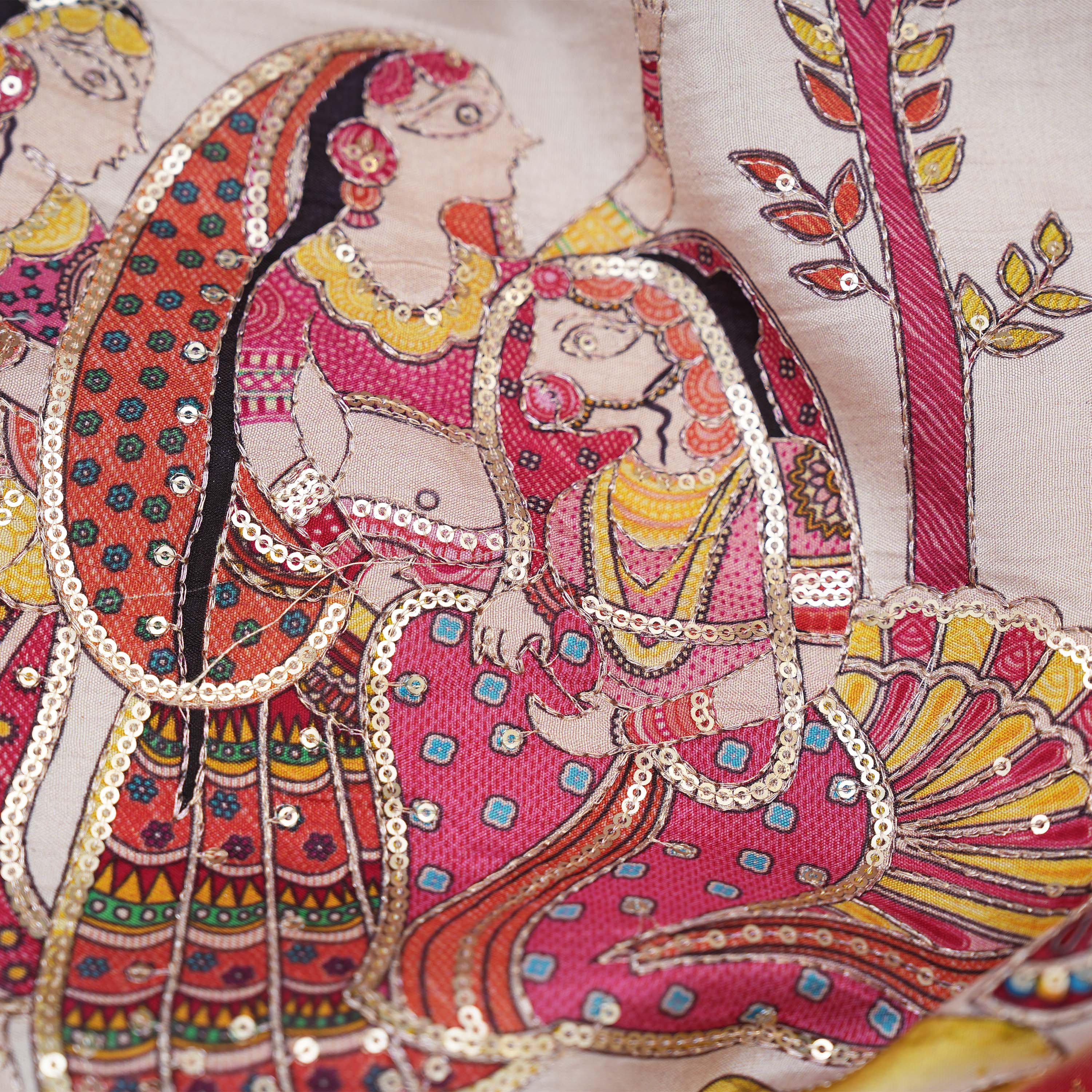 Off White Traditional Border Printed Silk Fabric