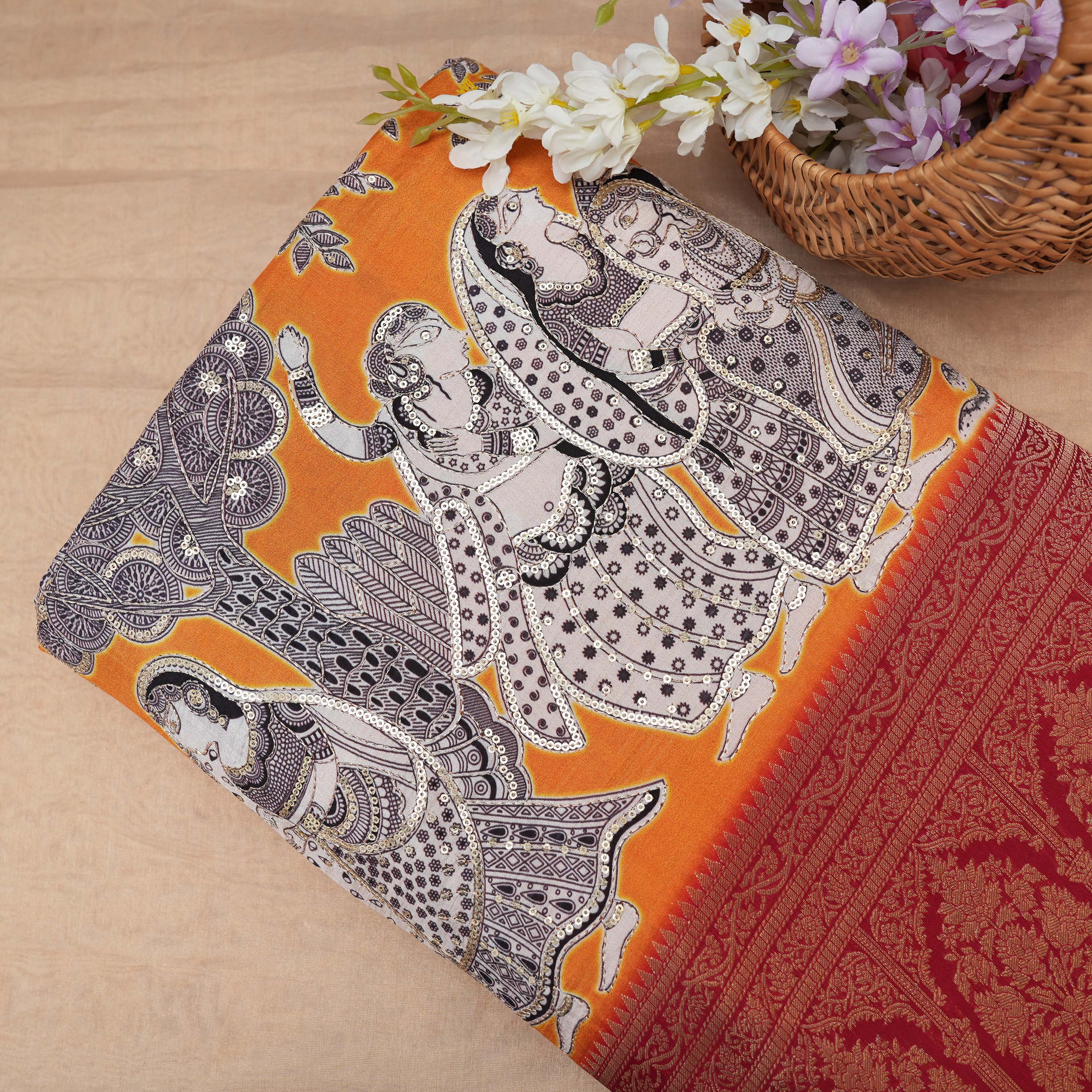 Orange Traditional Border Printed Silk Fabric