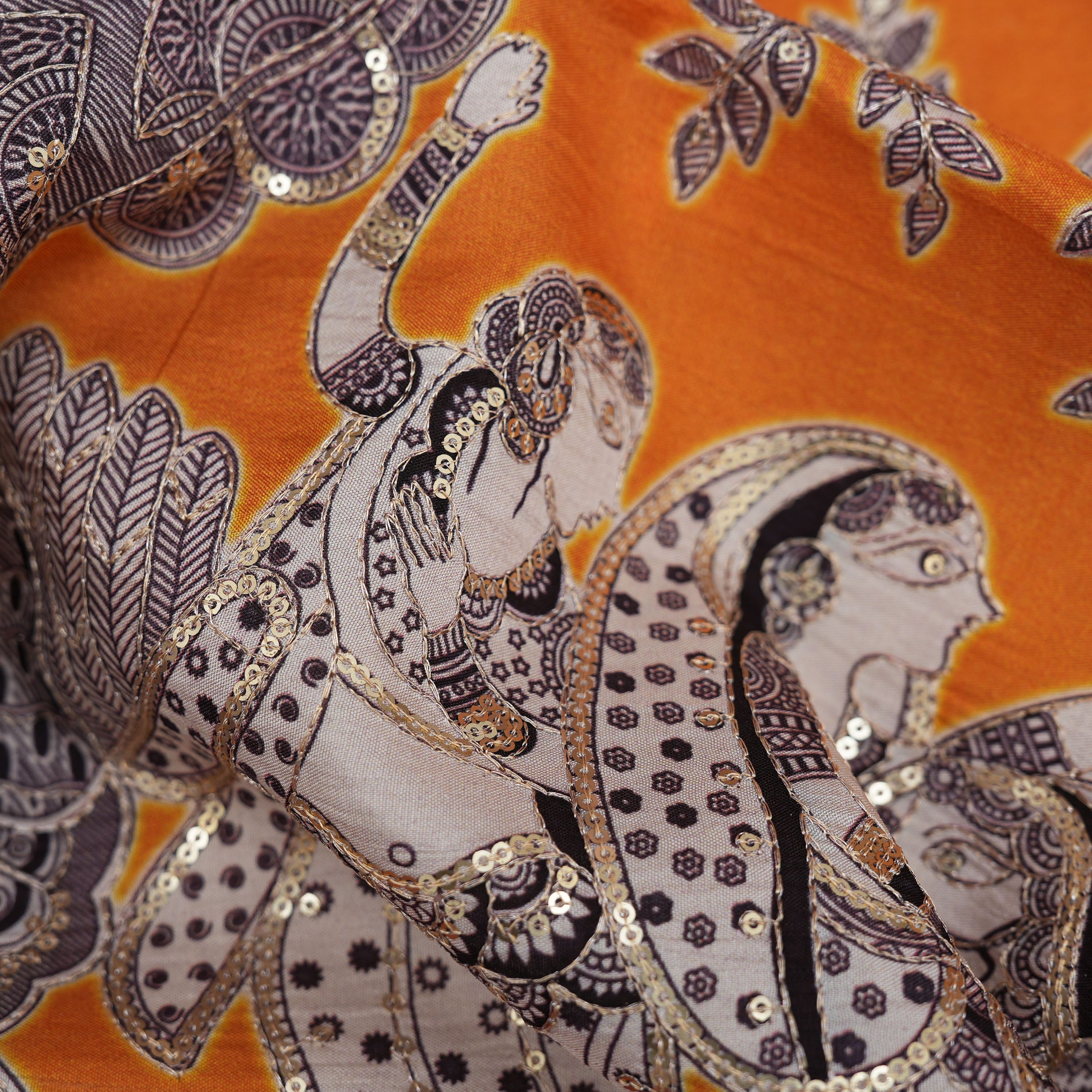 Orange Traditional Border Printed Silk Fabric