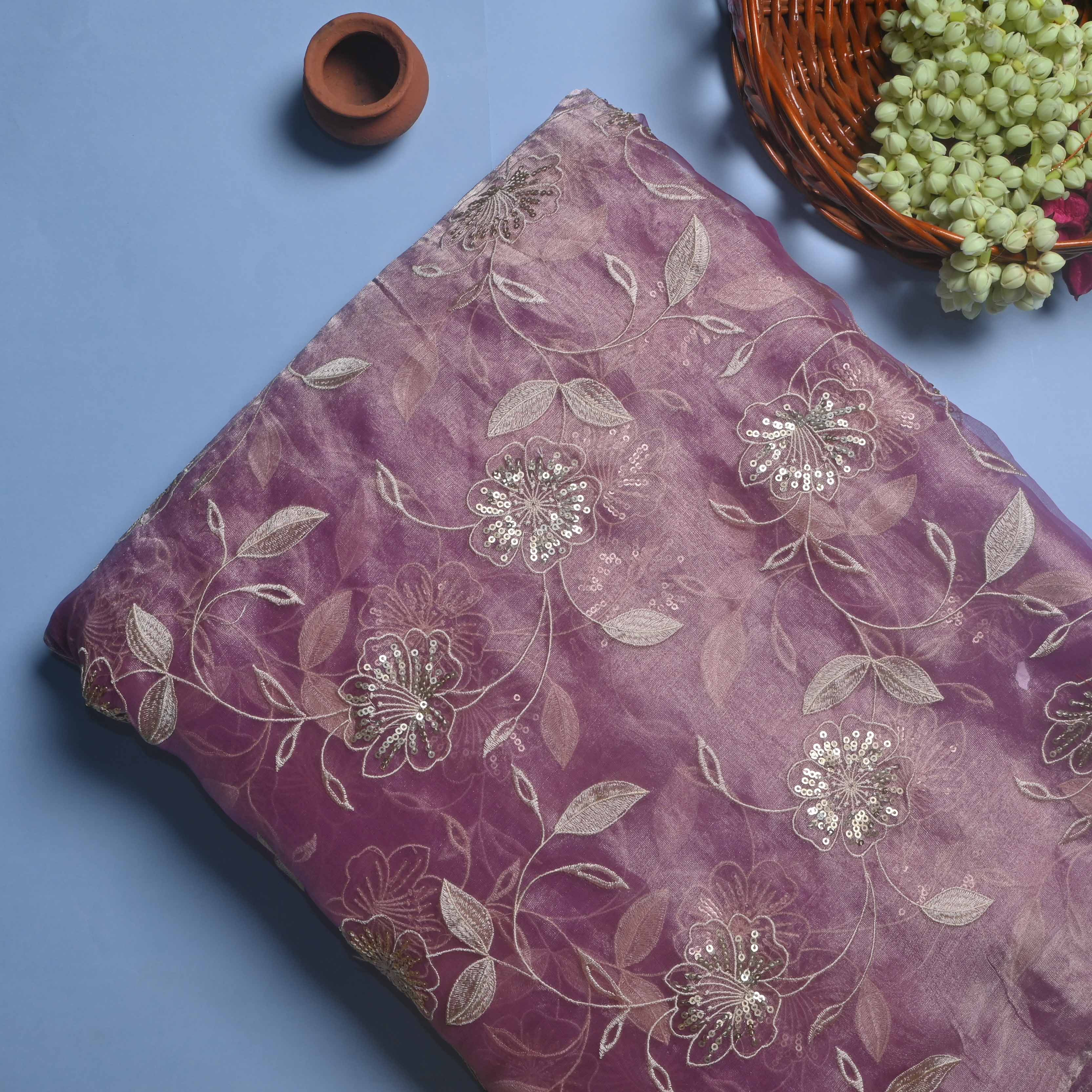 Pearly Purple Tissue Embroidery Jaal Fabric