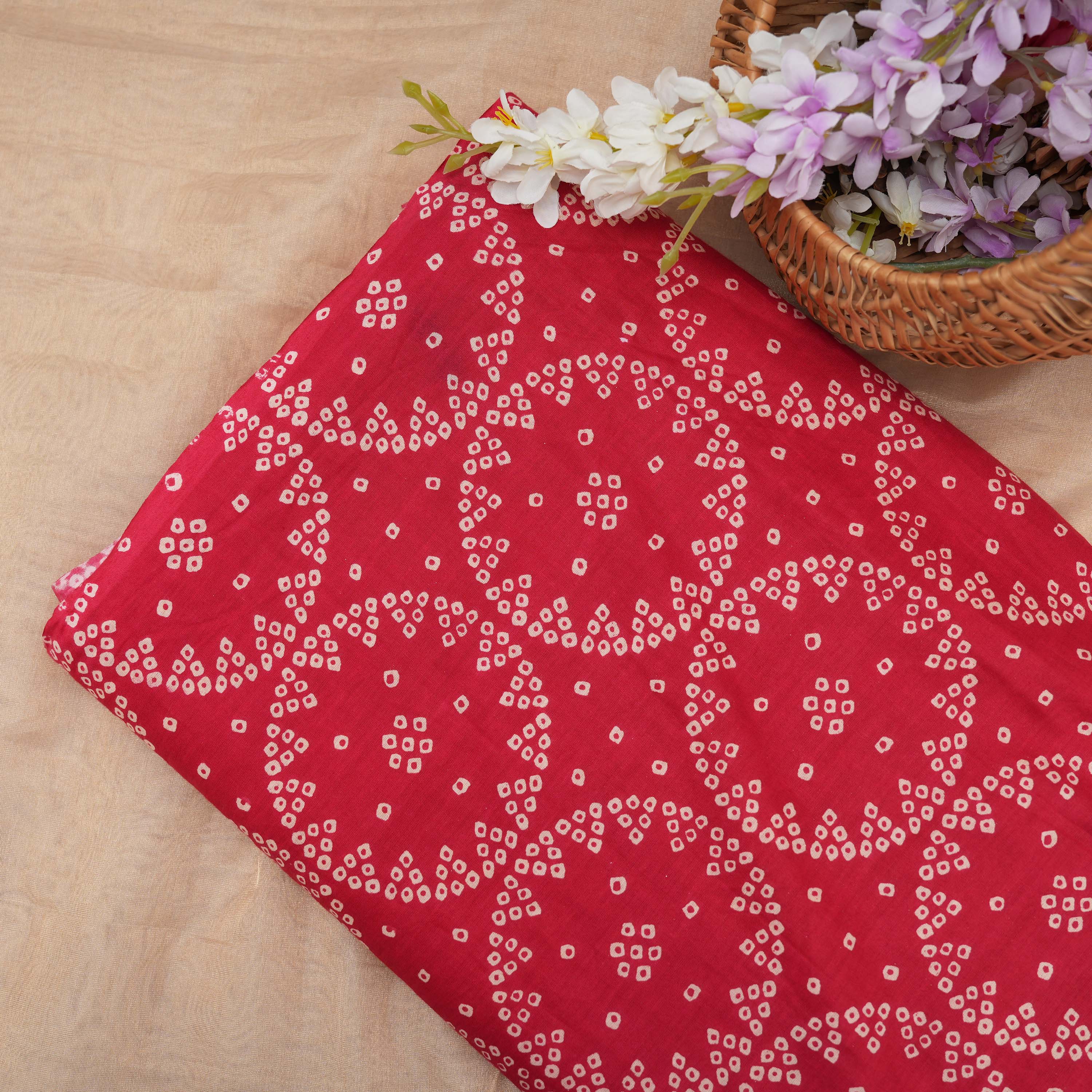Cherry Red Printed Bandhani Cotton Fabric