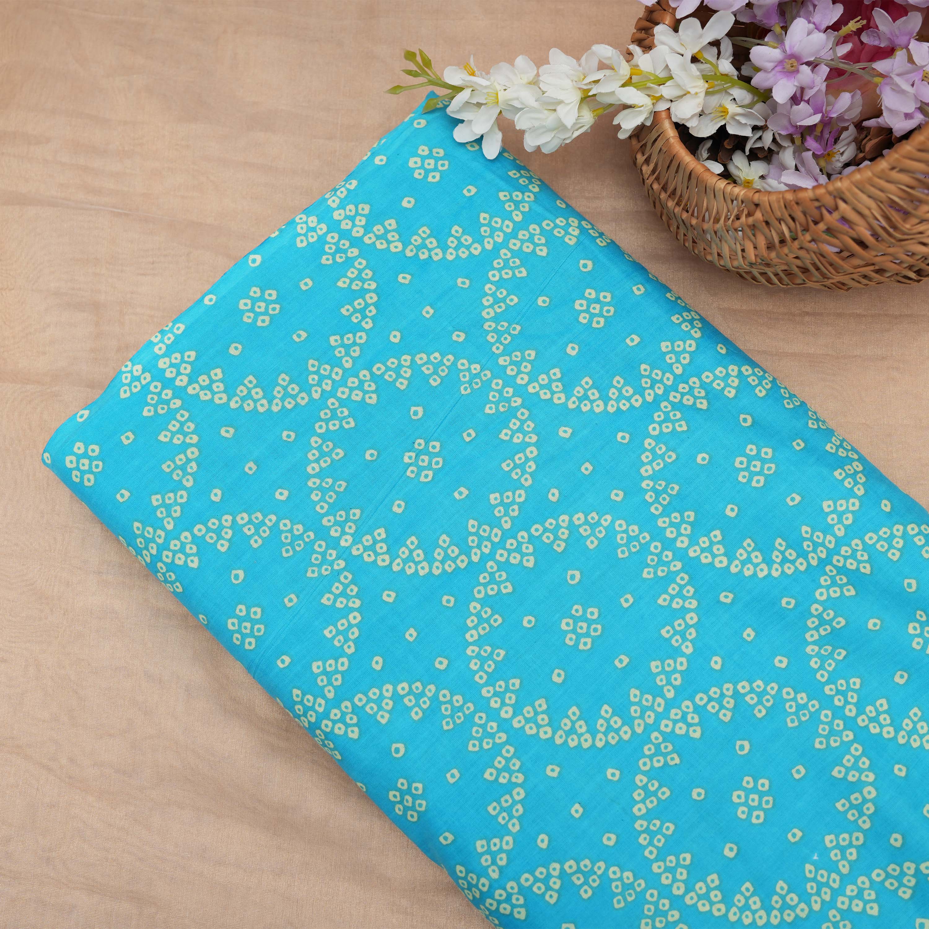 Bright Turquoise Printed Bandhani Cotton Fabric