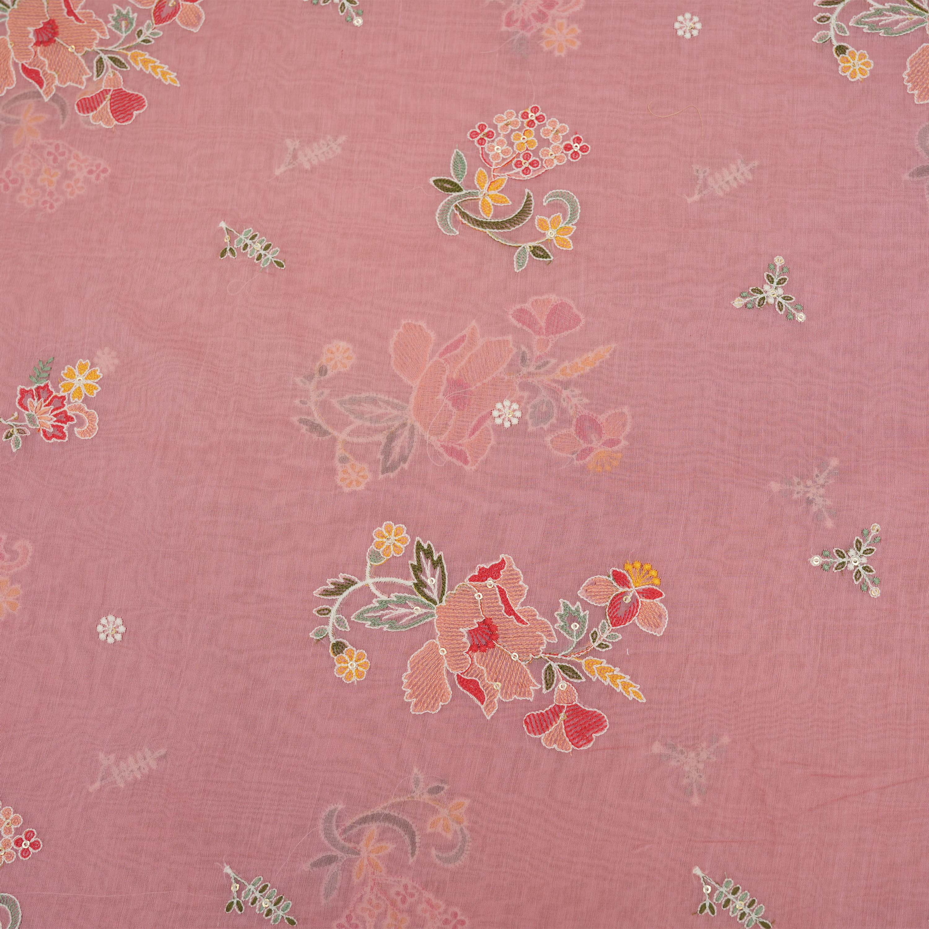 Cherry Blossom Pink Floral Embroidered Chanderi Fabric