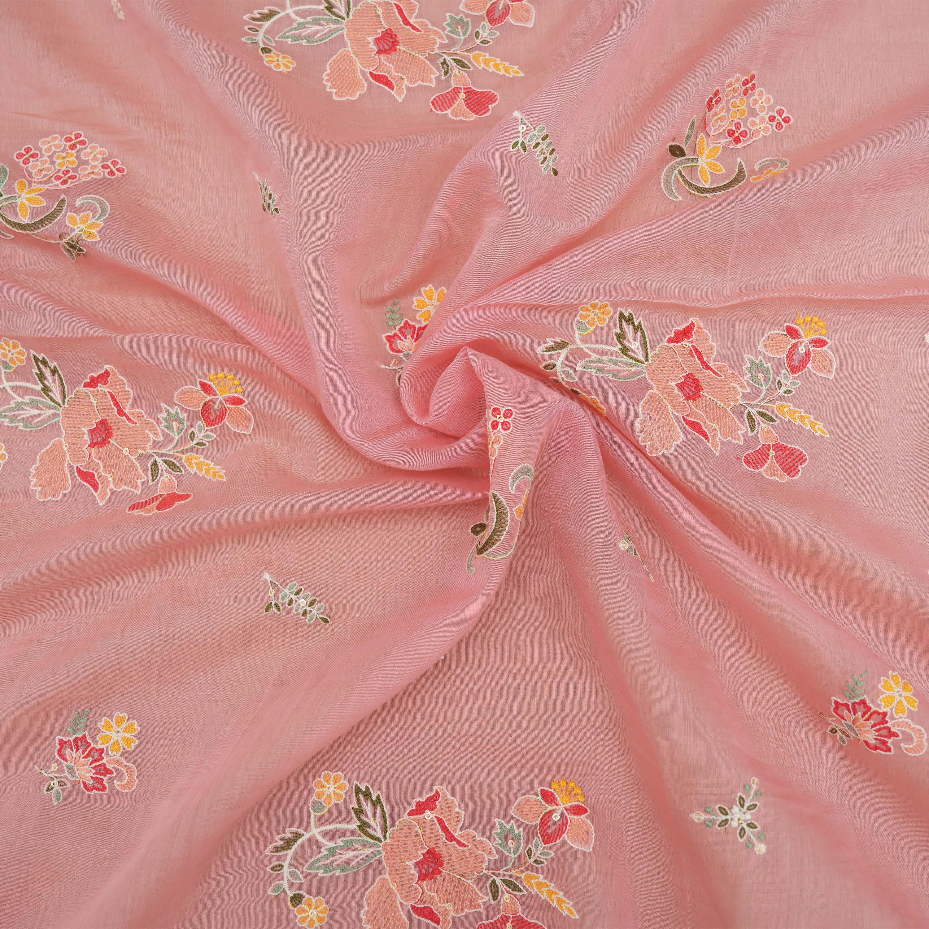 Cherry Blossom Pink Floral Embroidered Chanderi Fabric