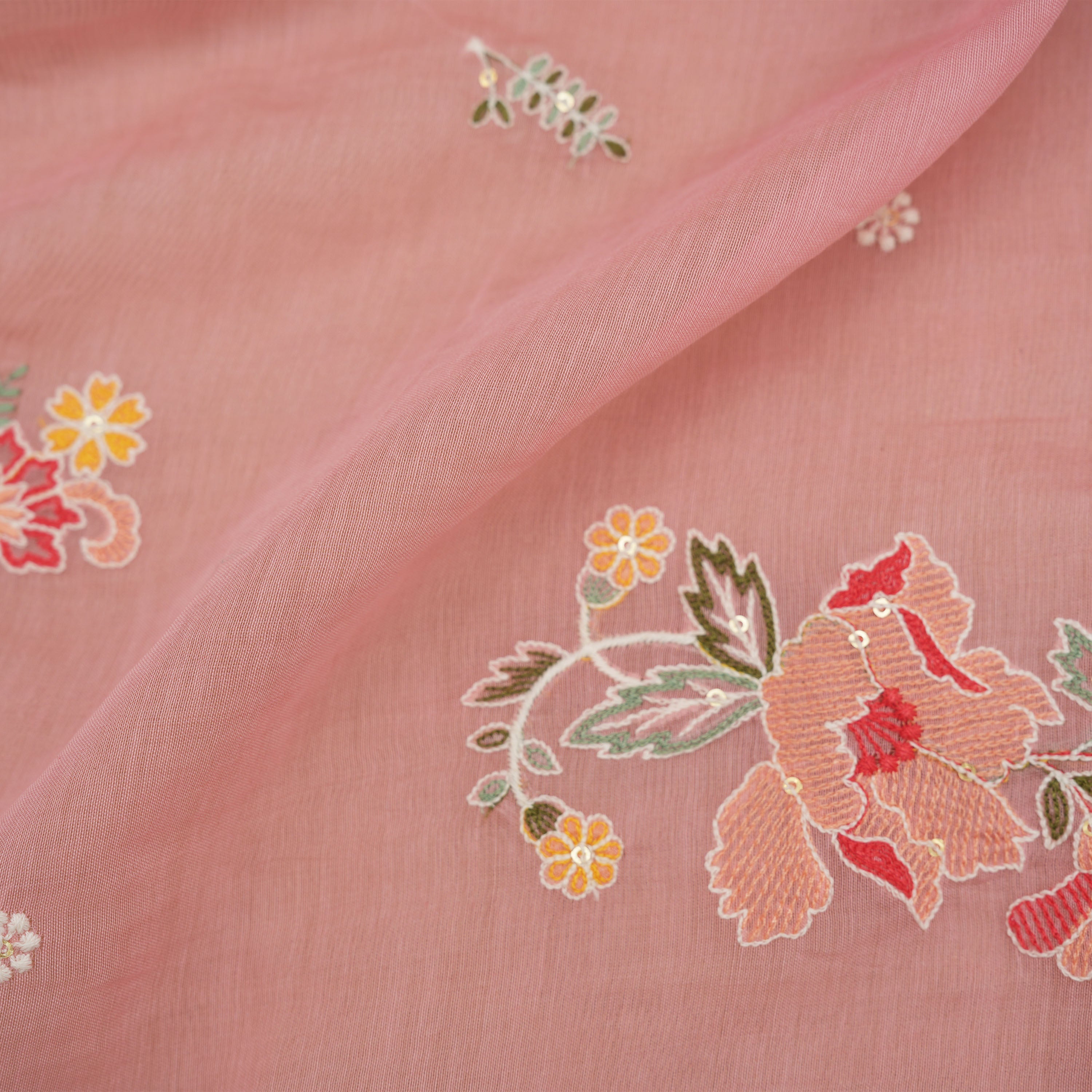 Cherry Blossom Pink Floral Embroidered Chanderi Fabric