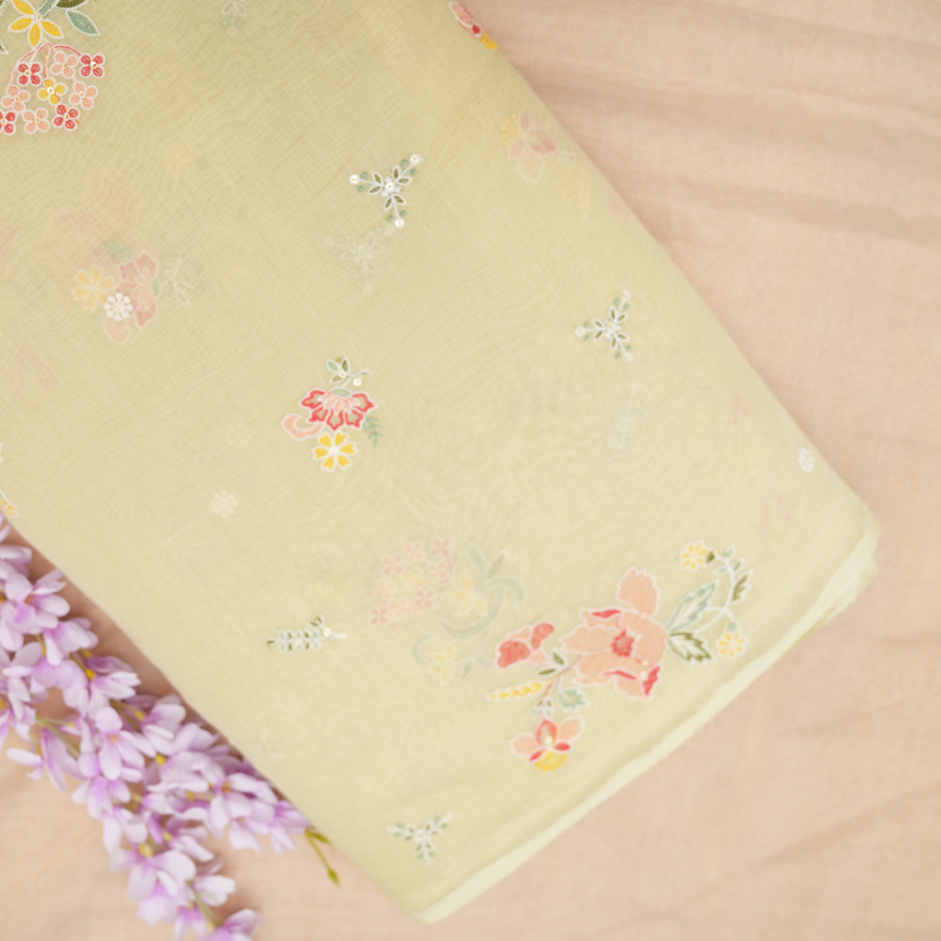 Flax Yellow Floral Embroidered Chanderi Fabric