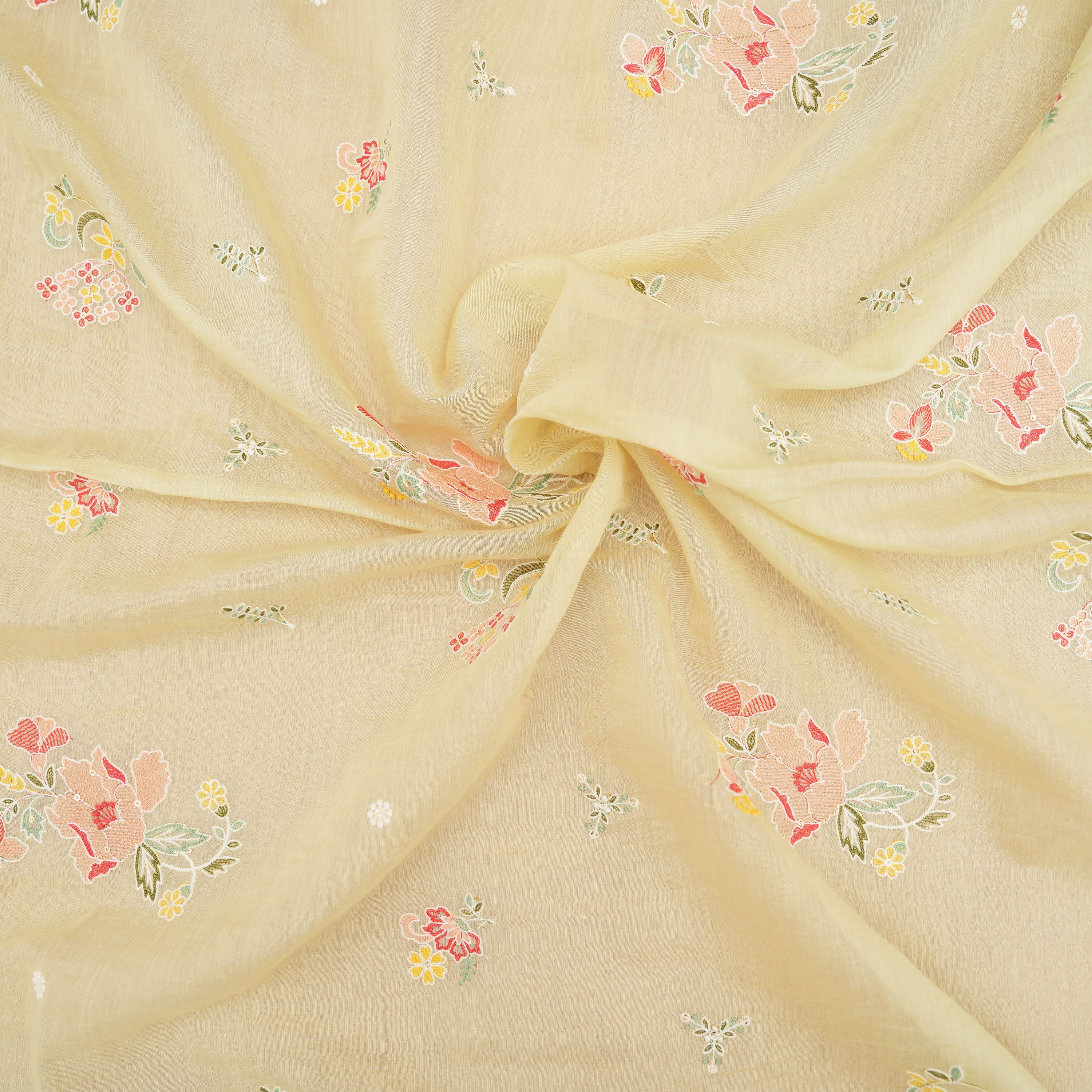 Flax Yellow Floral Embroidered Chanderi Fabric