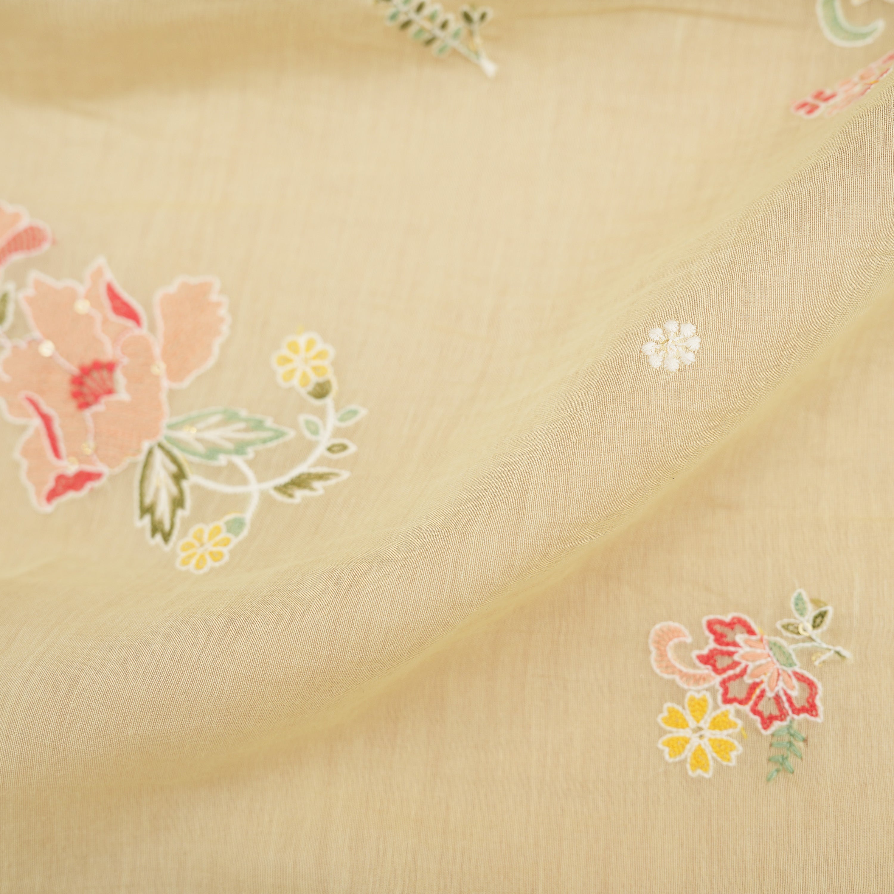 Flax Yellow Floral Embroidered Chanderi Fabric