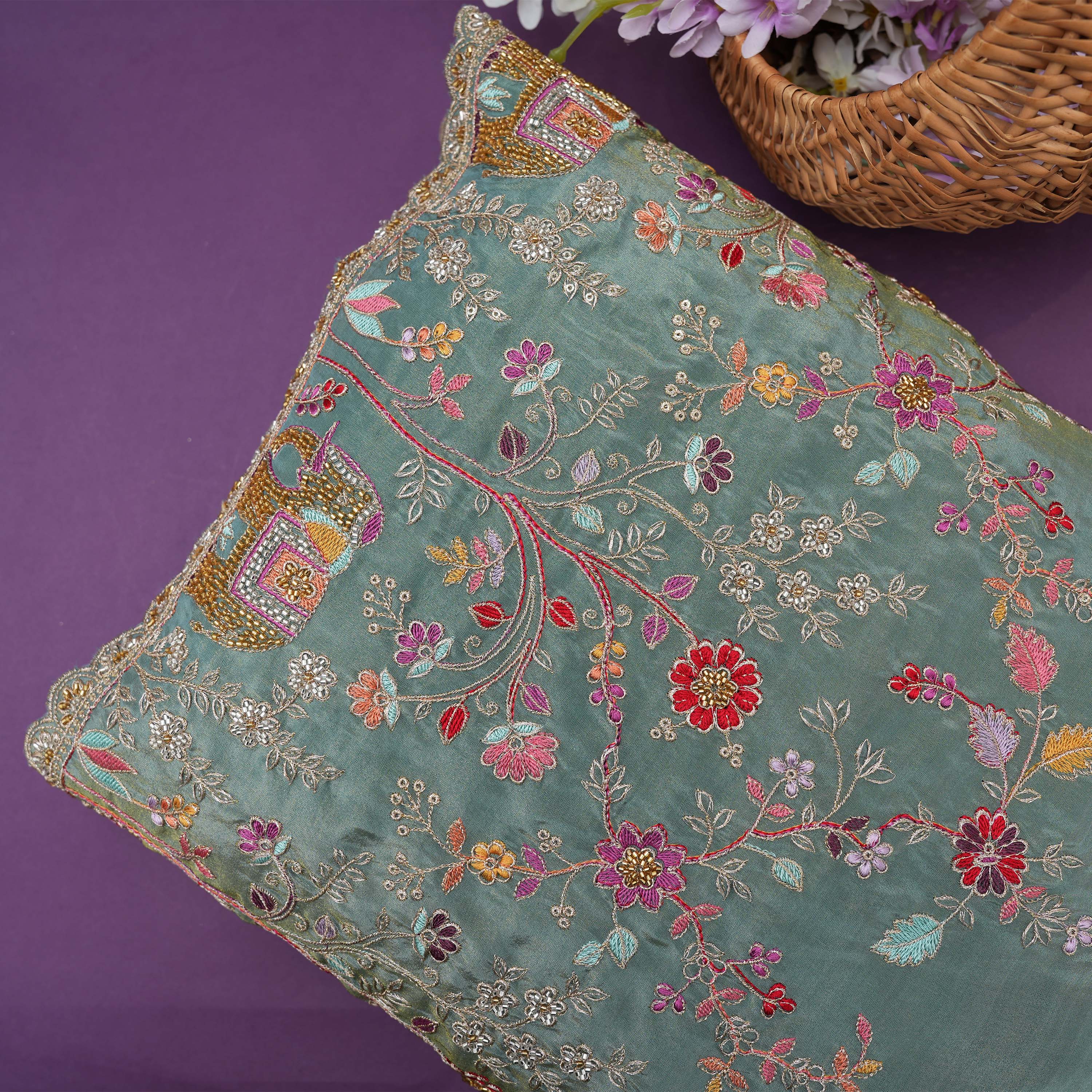 Spanish Green Yanai & Floral Embroidered Tissue Fabric