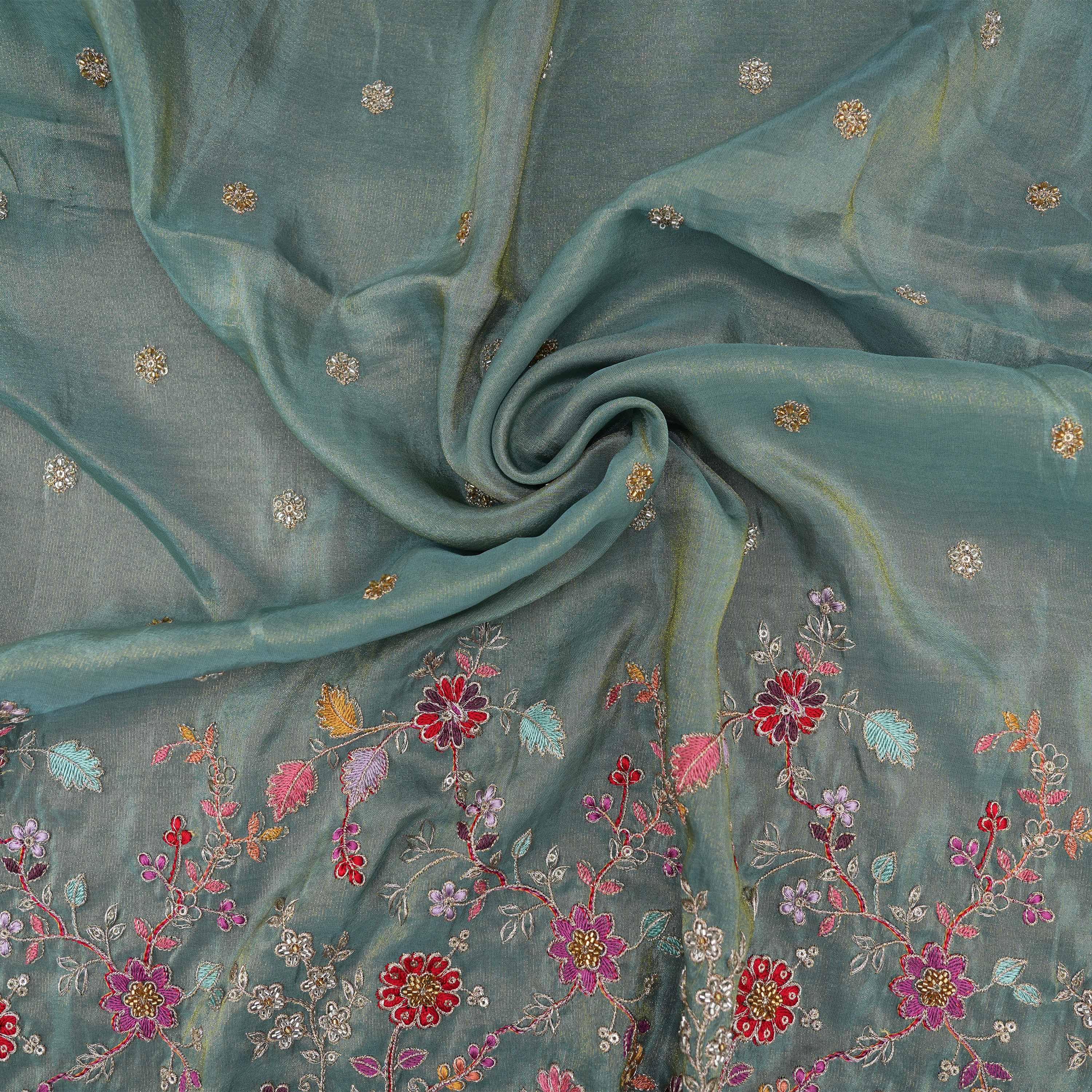 Spanish Green Yanai & Floral Embroidered Tissue Fabric