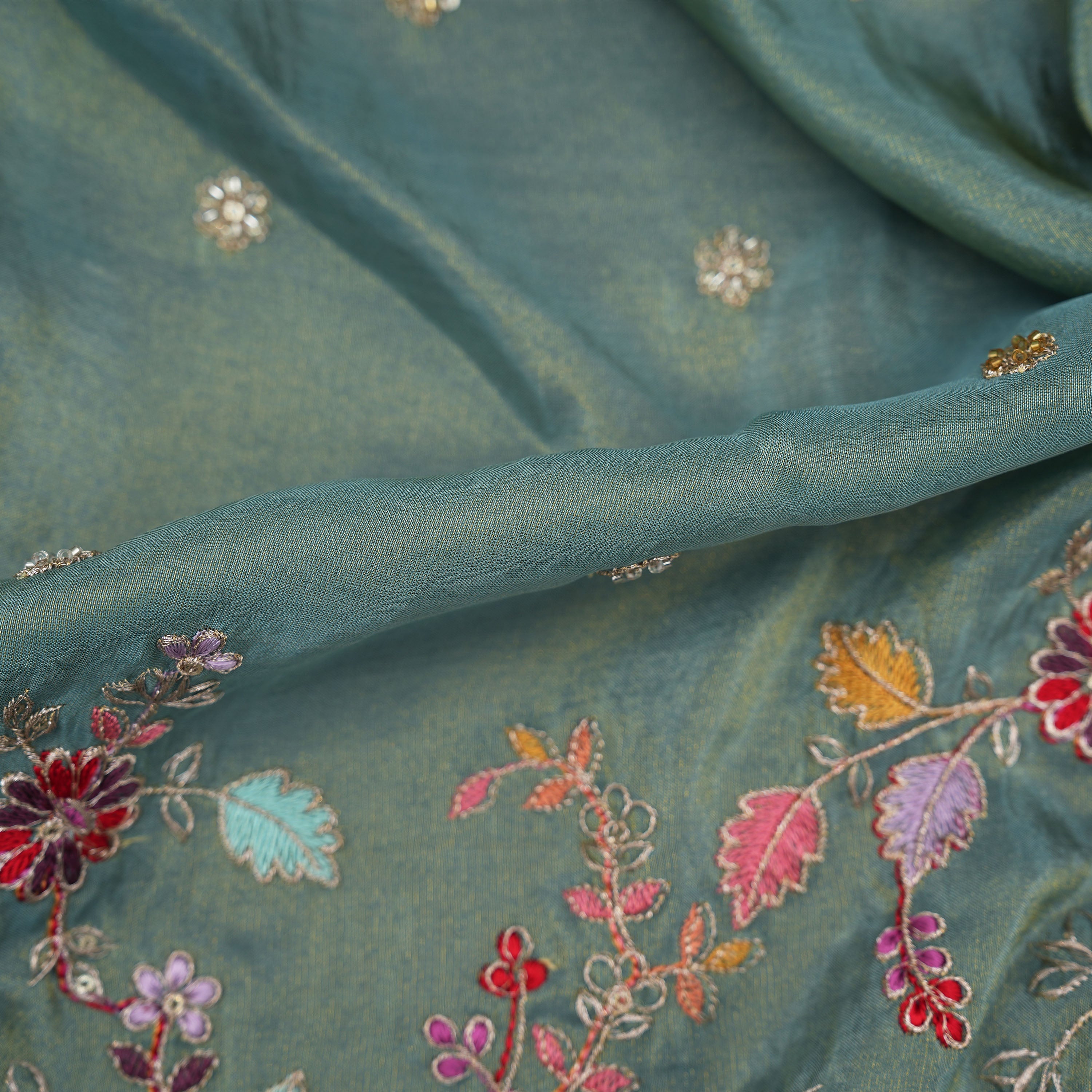 Spanish Green Yanai & Floral Embroidered Tissue Fabric