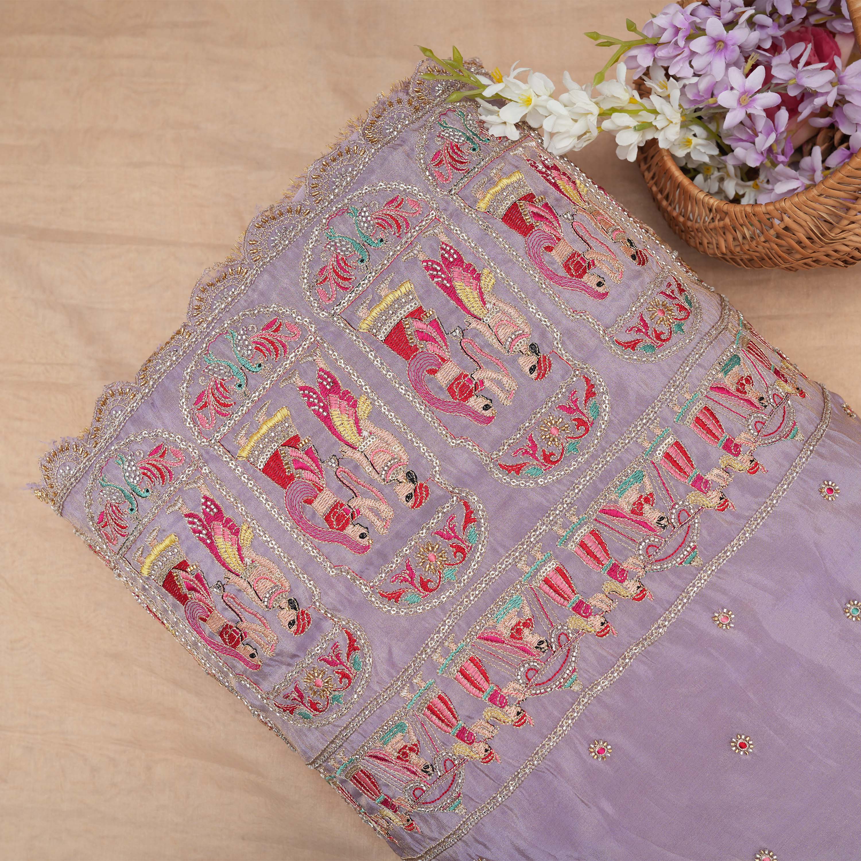 Mauve Purple Bridal Embroidery On Tissue Fabric