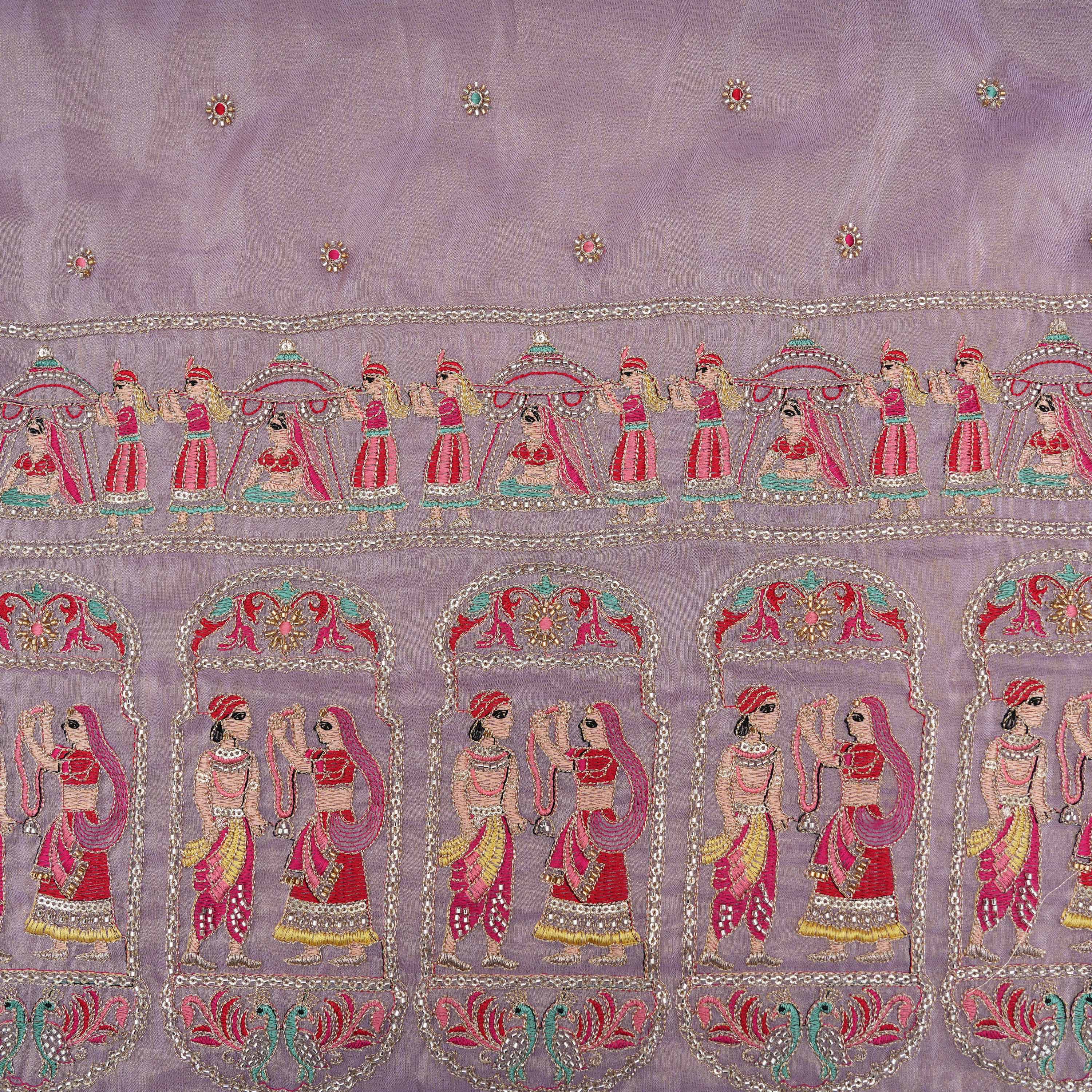 Mauve Purple Bridal Embroidery On Tissue Fabric