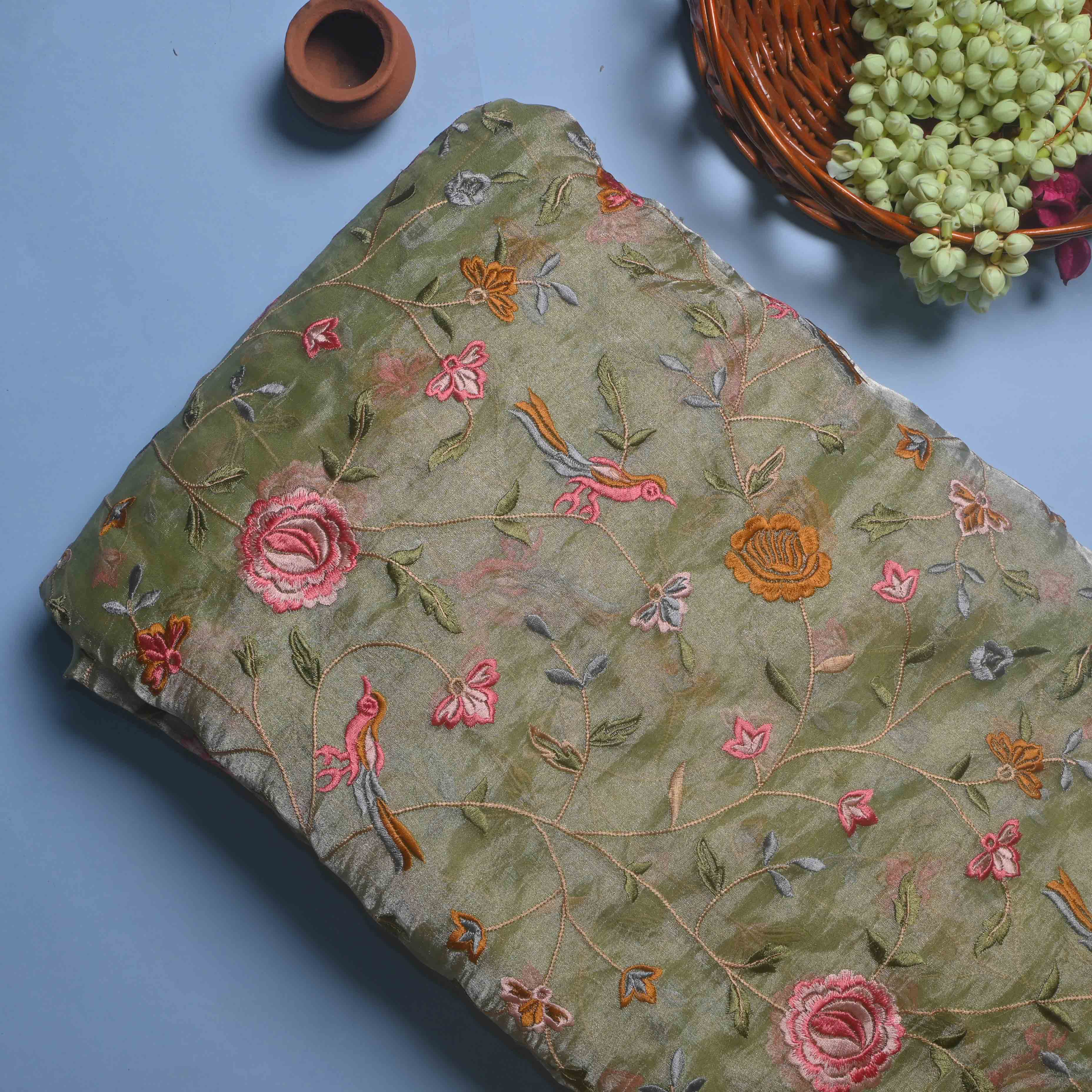Swamp Green Tissue Embroidery Jaal Fabric