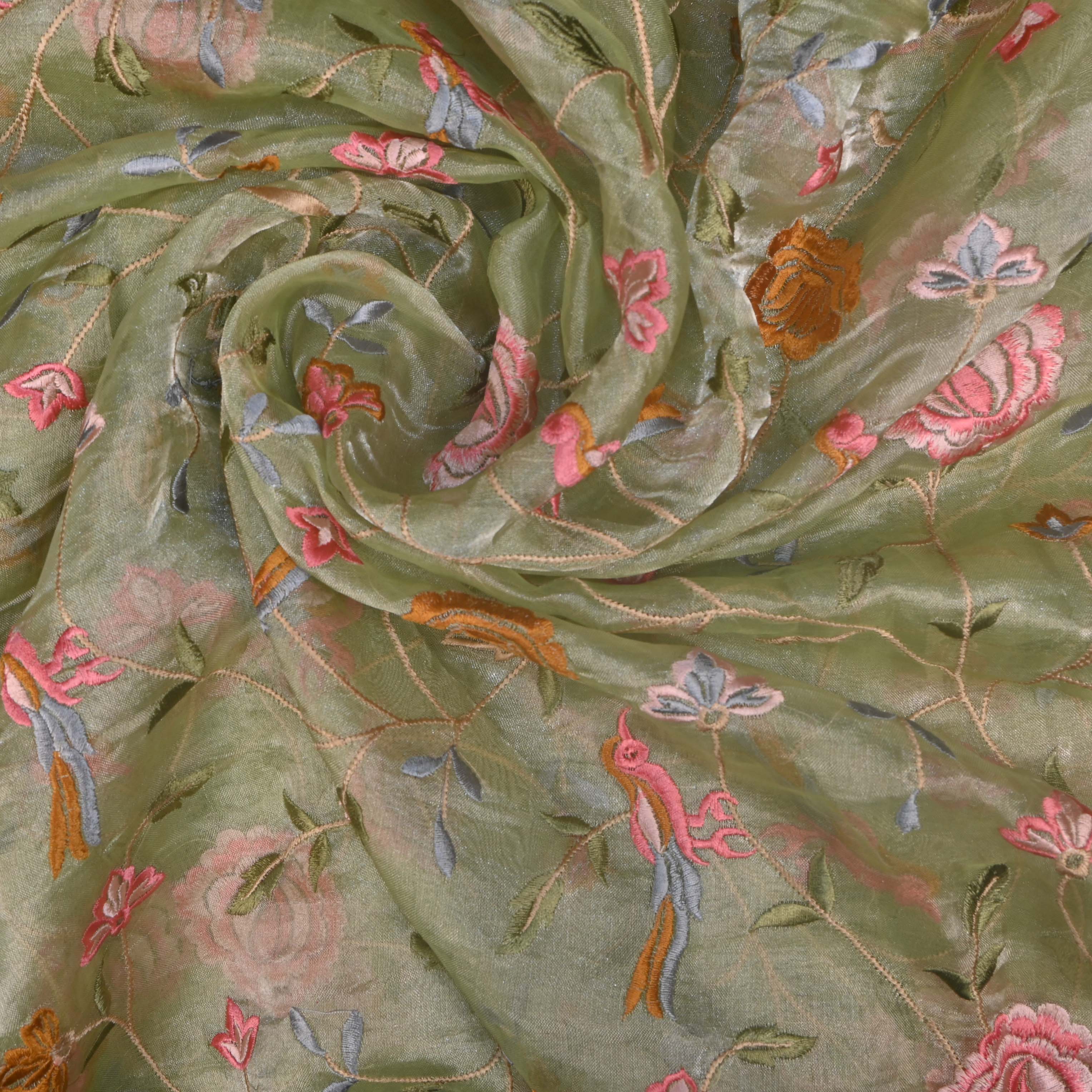 Swamp Green Tissue Embroidery Jaal Fabric