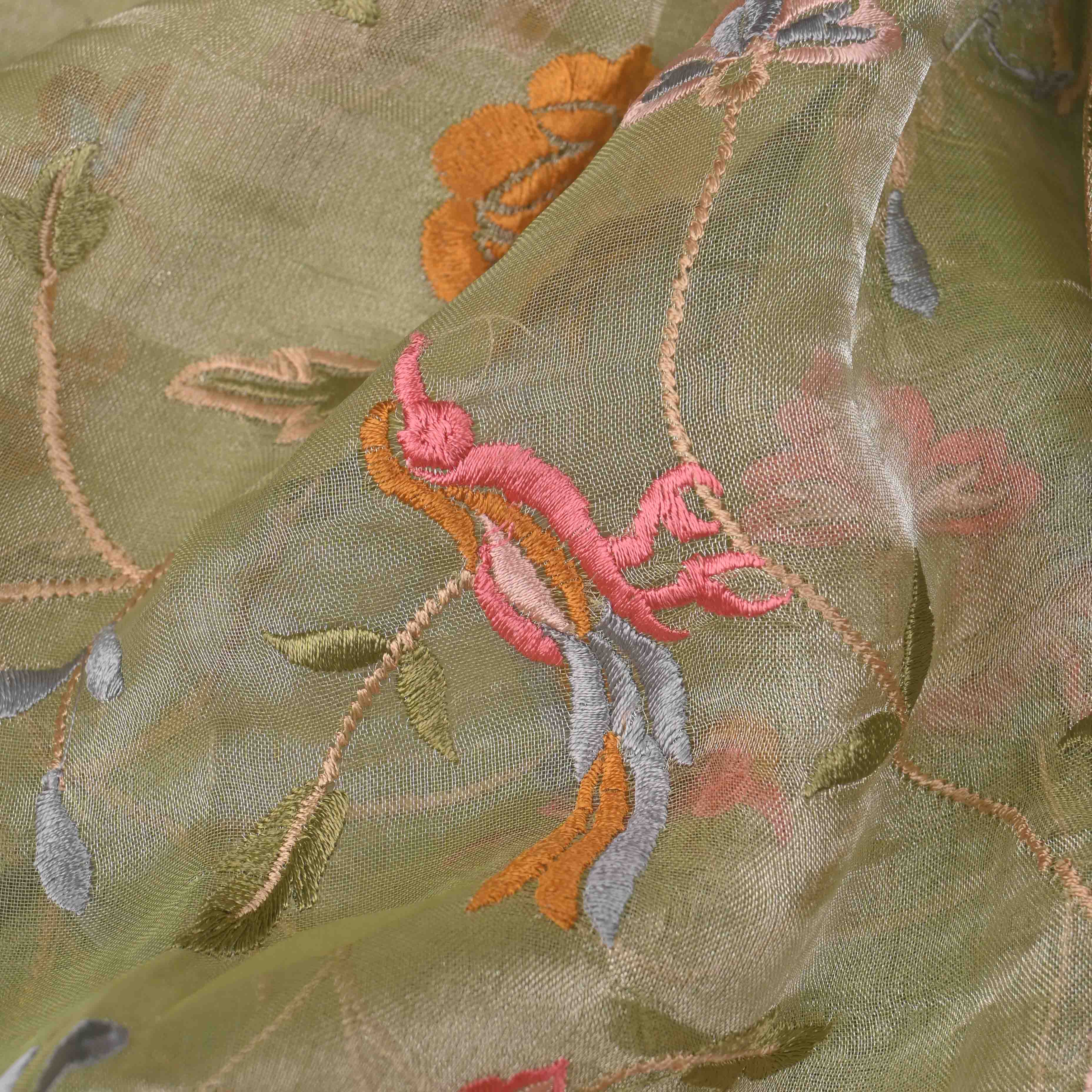 Swamp Green Tissue Embroidery Jaal Fabric