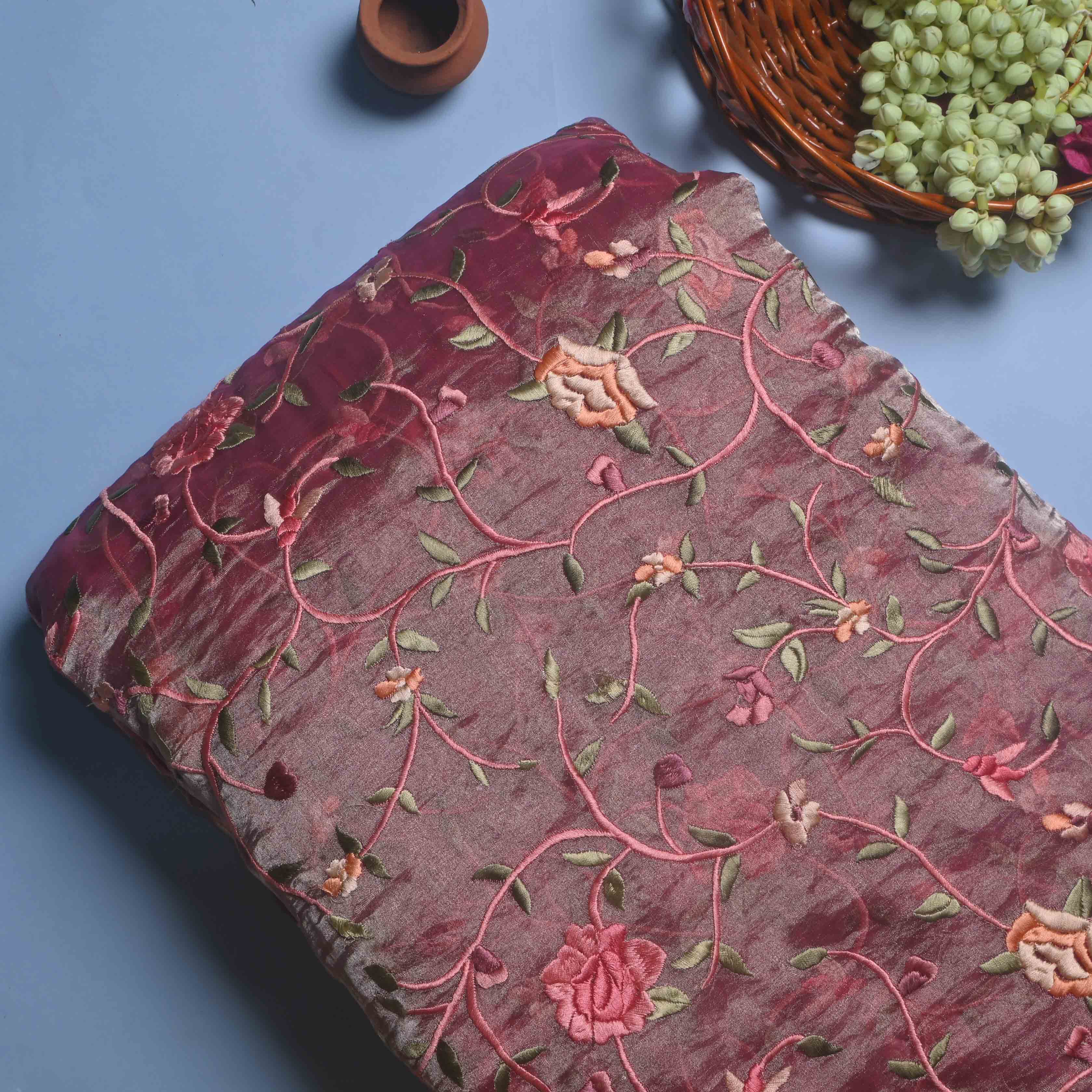 Turkish Pink Tissue Embroidery Jaal Fabric