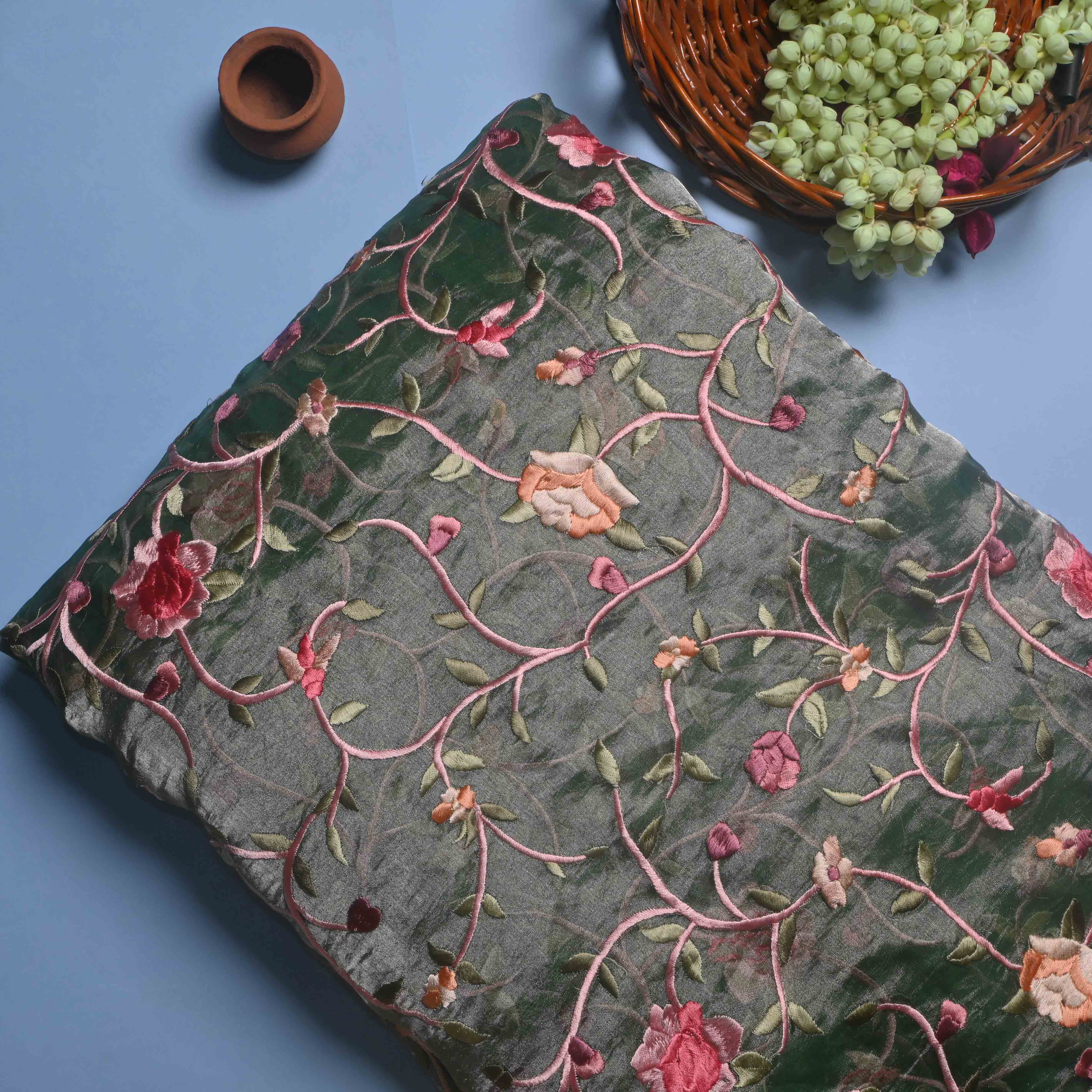 Bottle Green Thread Embroidery Tissue Fabric