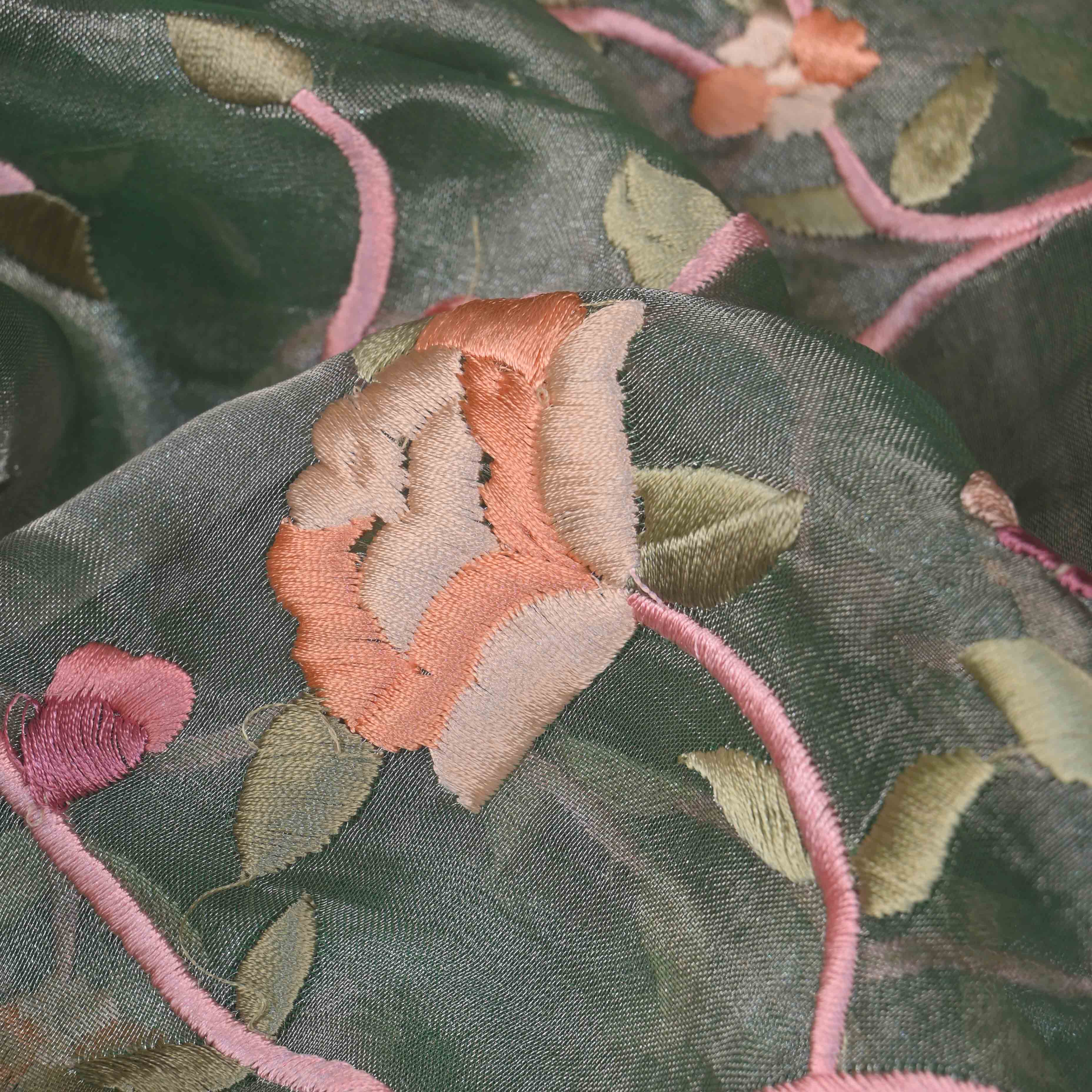 Bottle Green Thread Embroidery Tissue Fabric