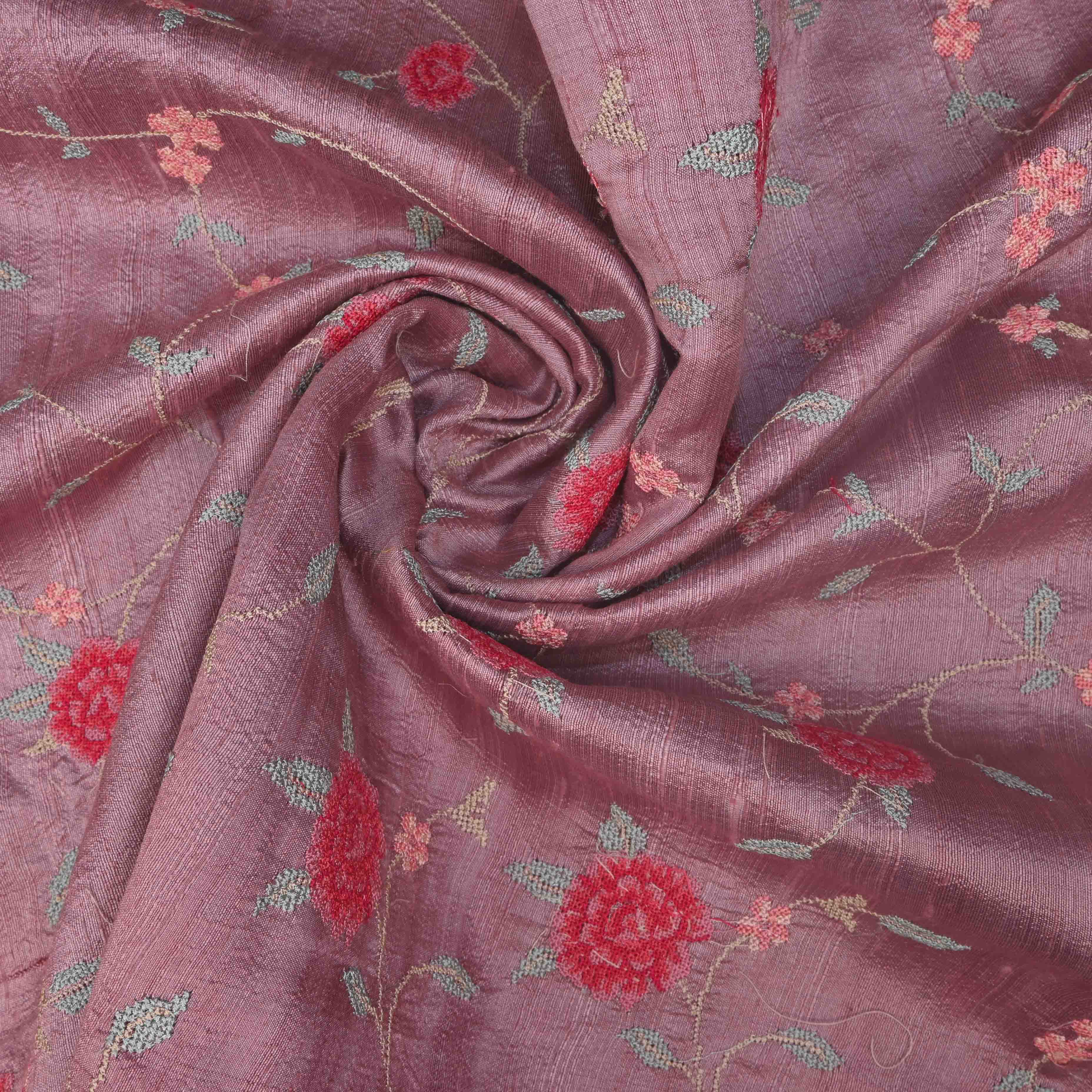 Puce Pink Rawsilk Embroidery Jaal Fabric