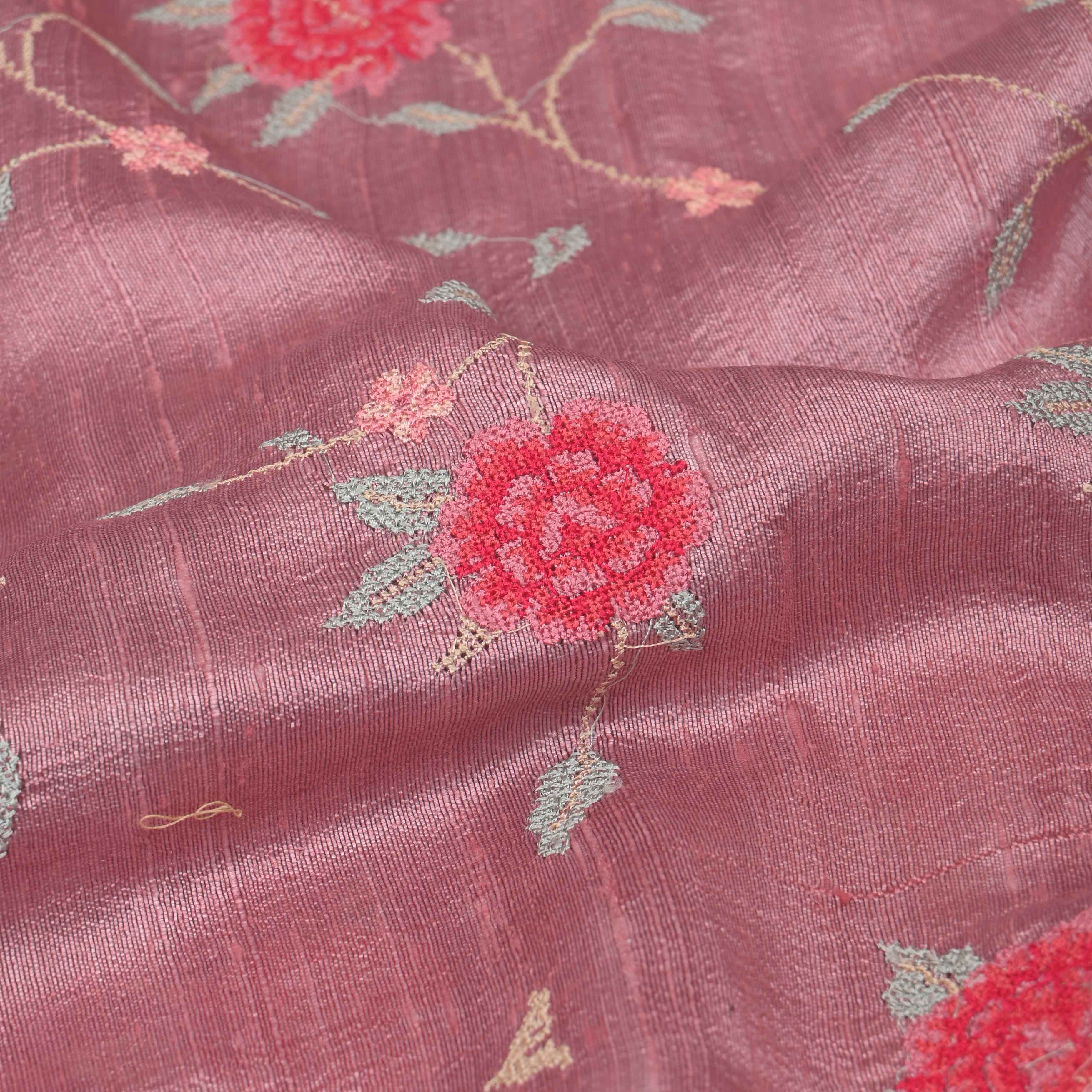 Puce Pink Rawsilk Embroidery Jaal Fabric