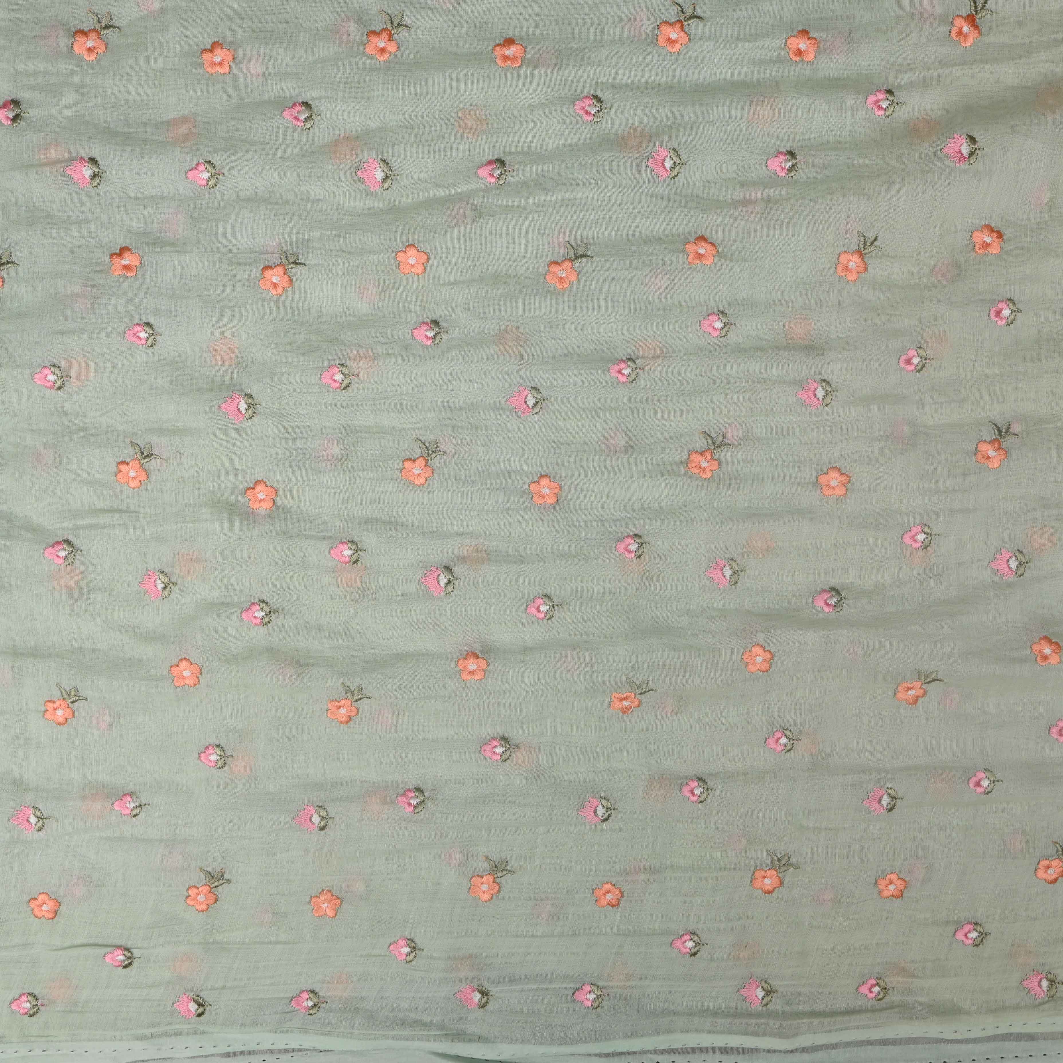 Brook Green Butti Chanderi Fabric With Embroidery