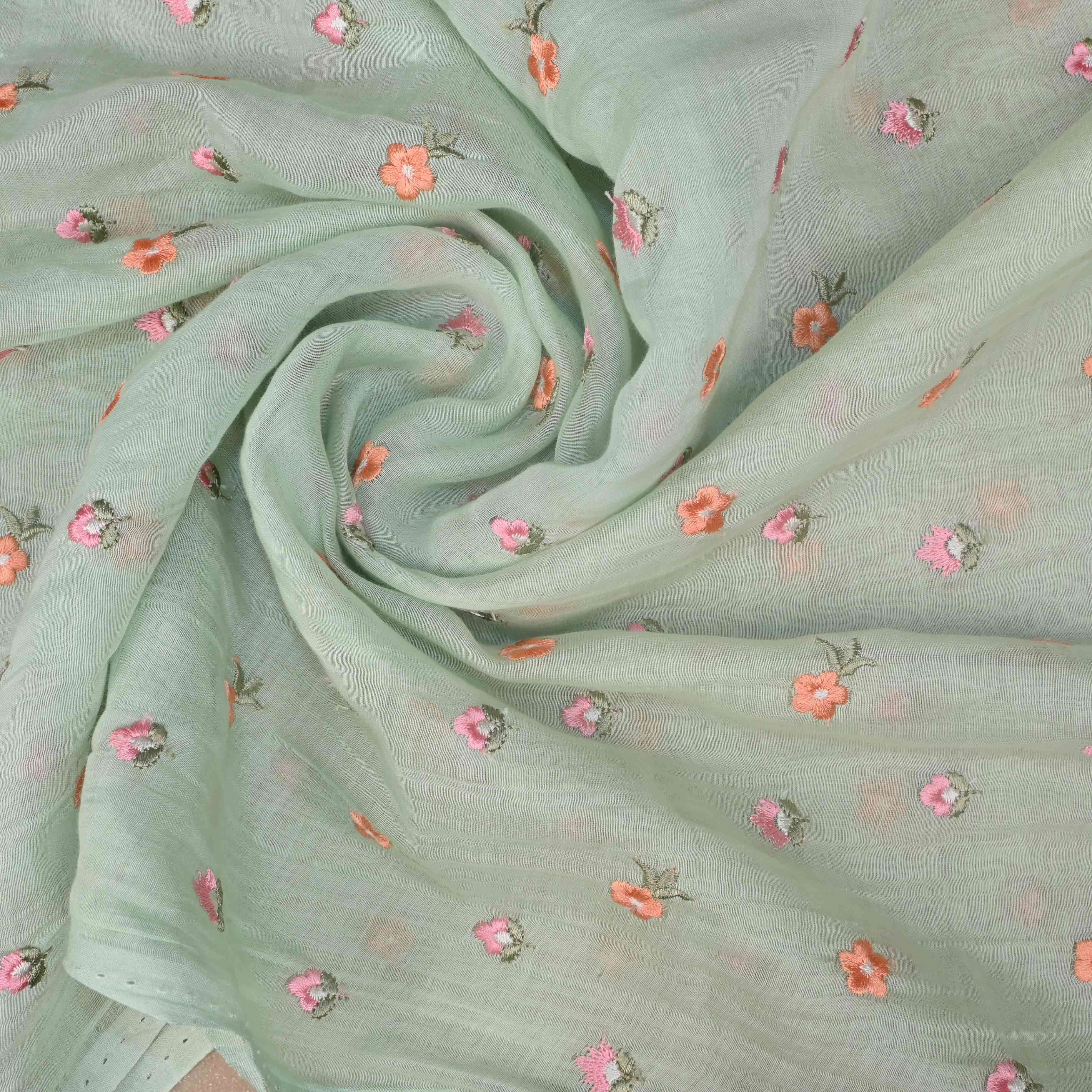 Brook Green Butti Chanderi Fabric With Embroidery