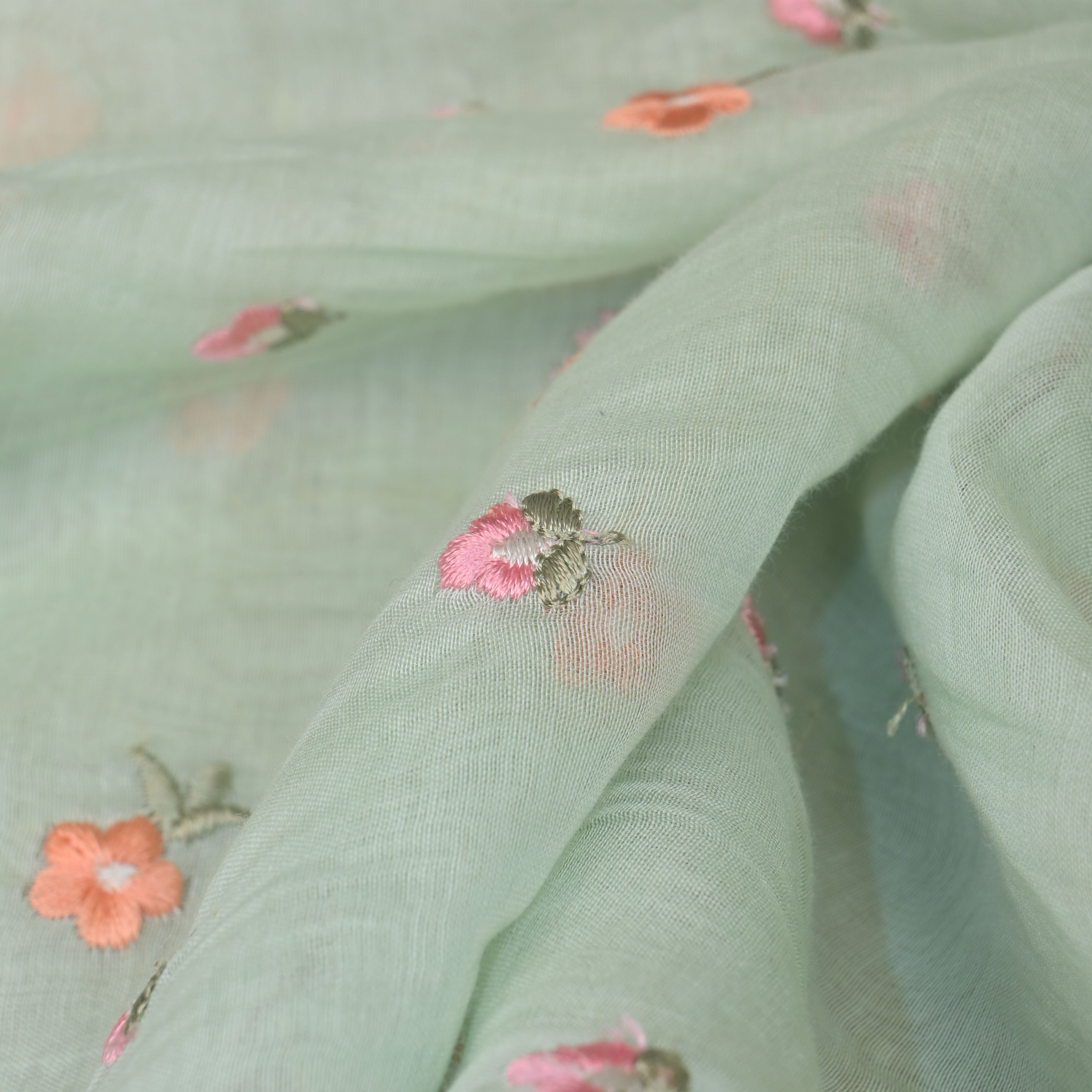 Brook Green Butti Chanderi Fabric With Embroidery