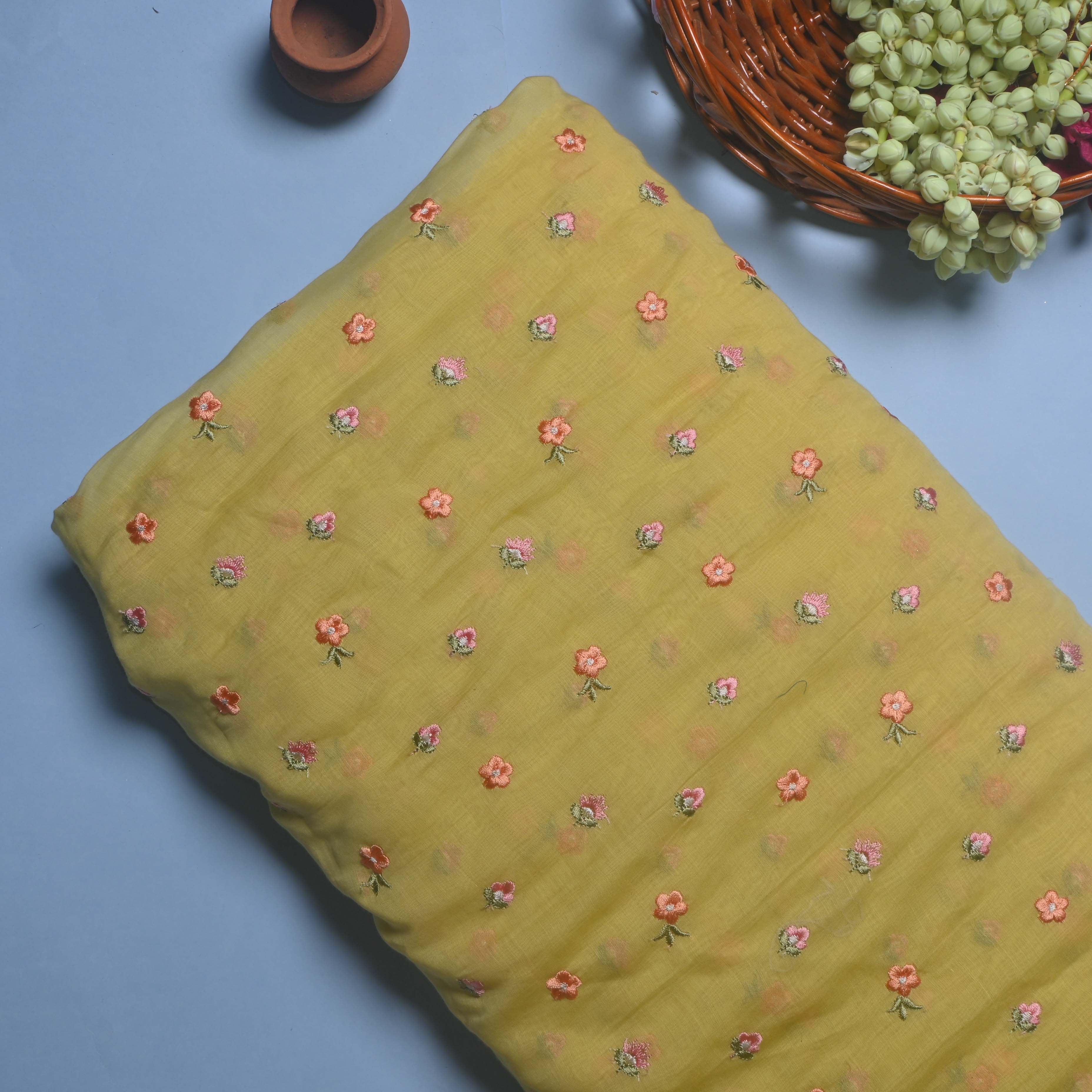 Arylide Yellow Butti Chanderi Fabric With Embroidery