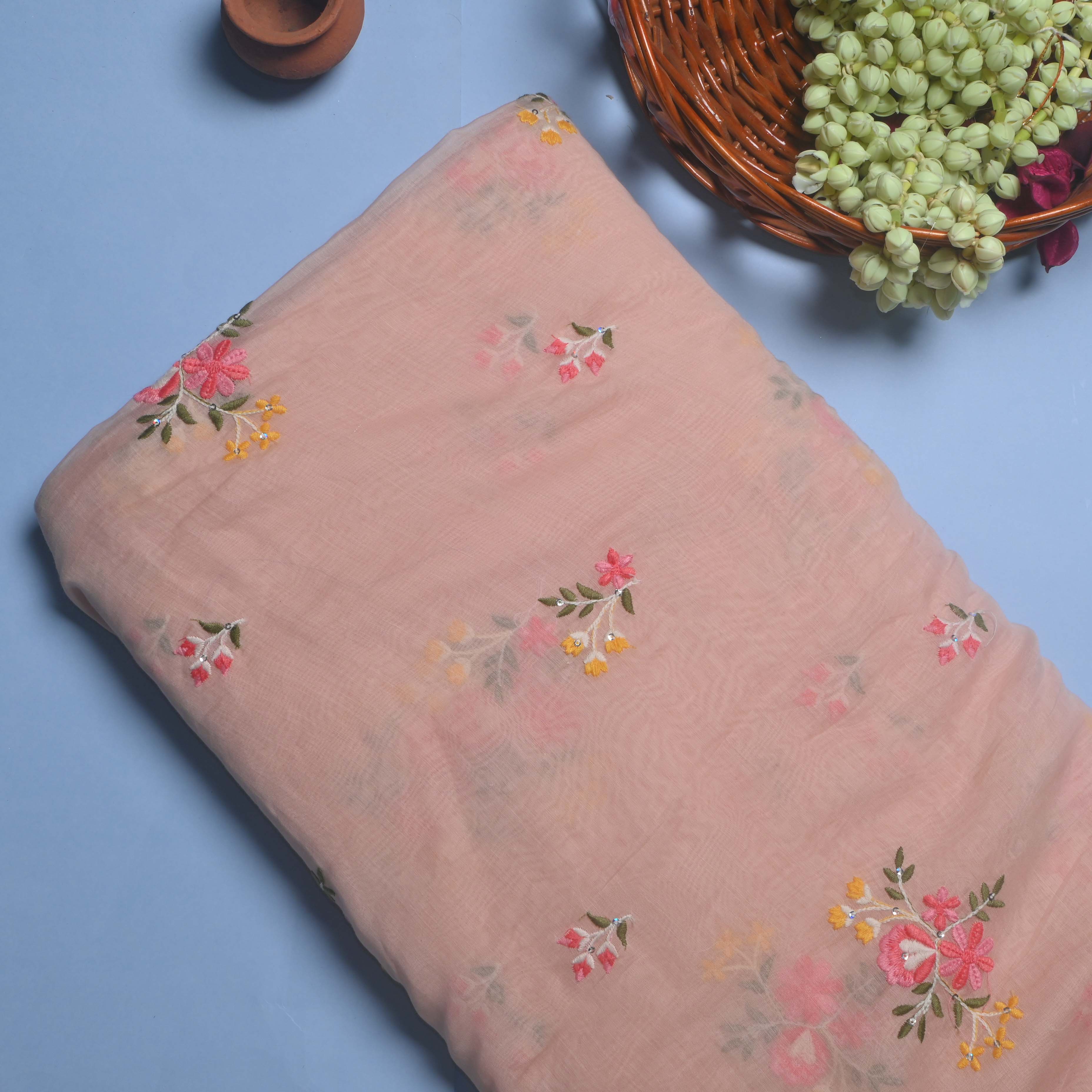 Spanish Pink Floral Chanderi Fabric With Embroidery