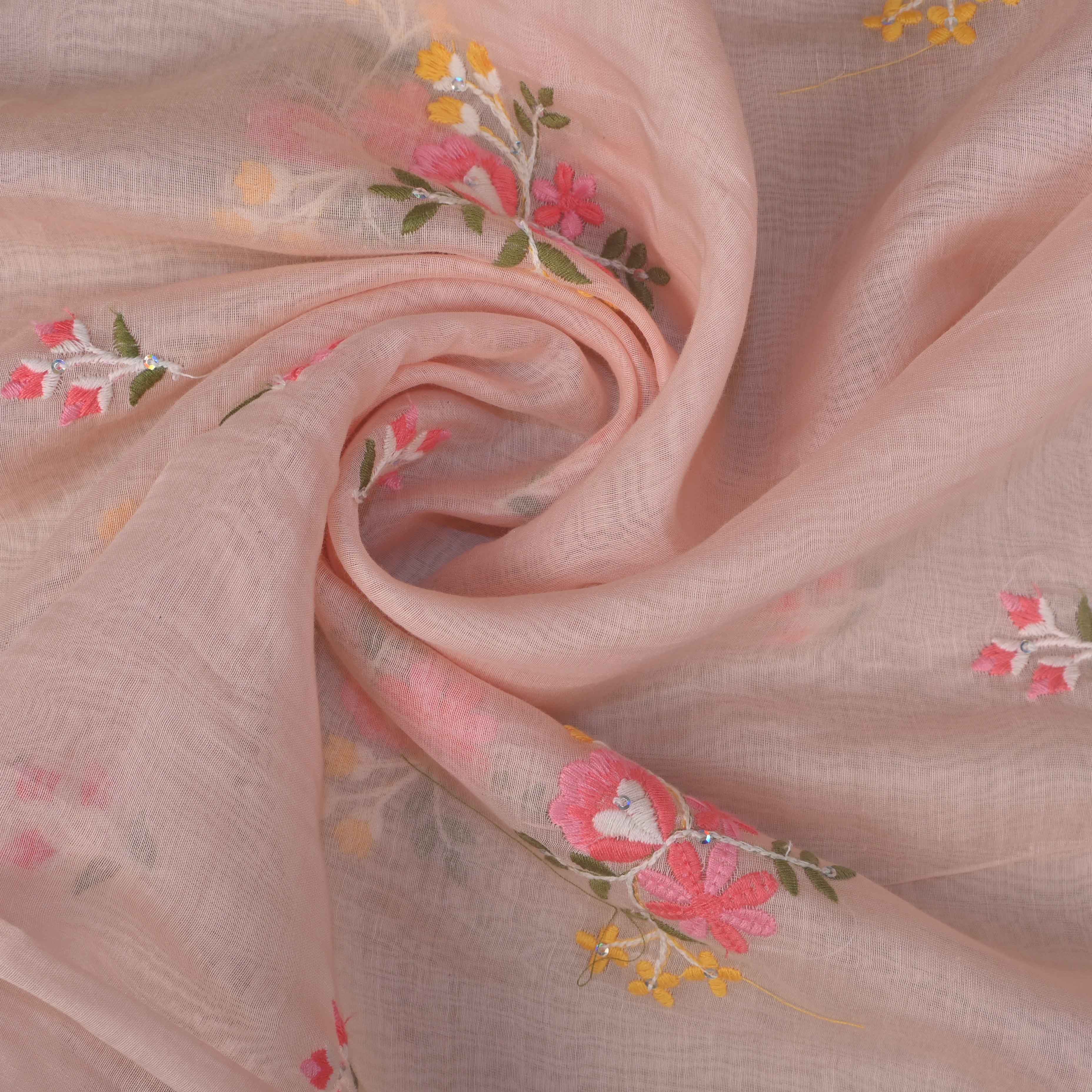 Spanish Pink Floral Chanderi Fabric With Embroidery