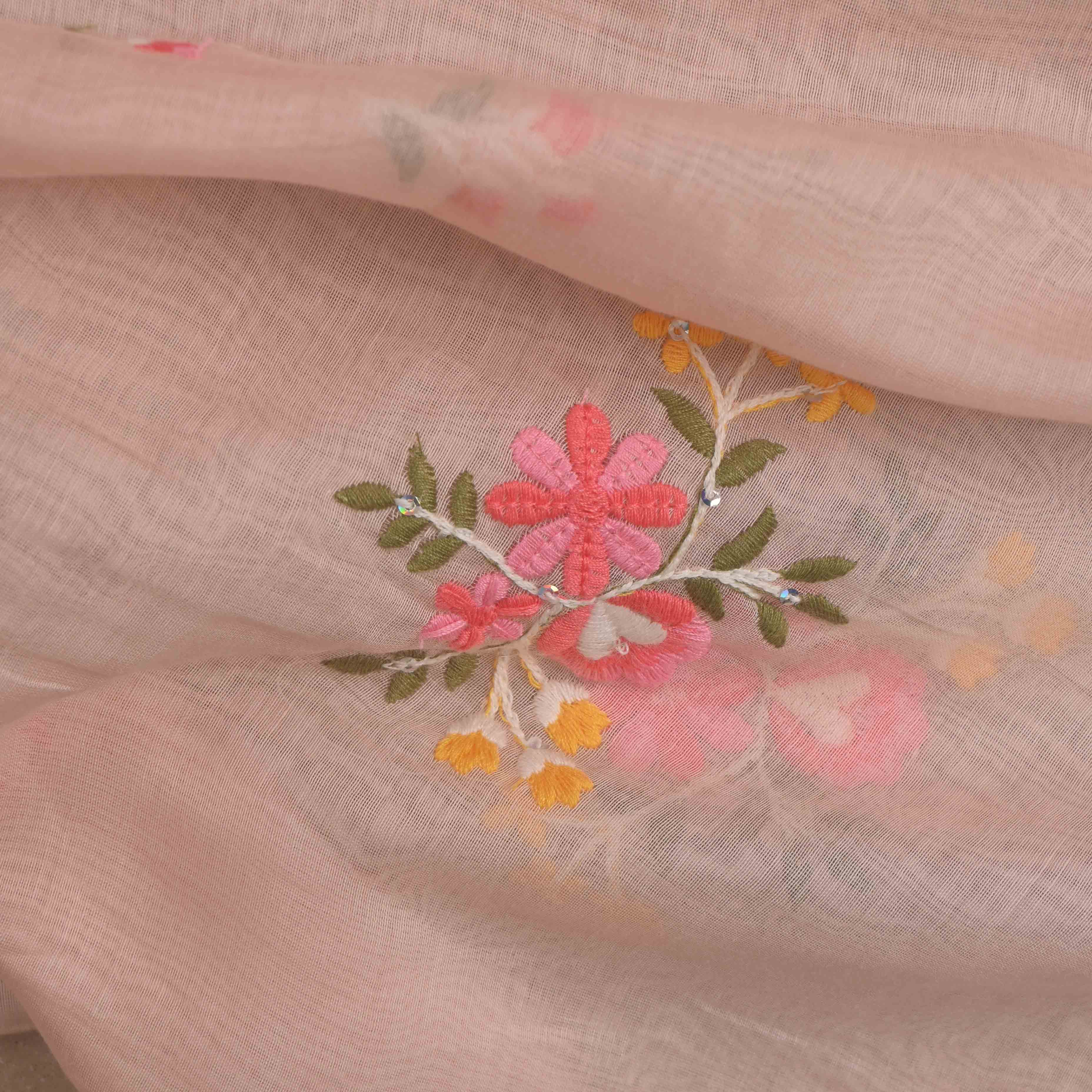 Spanish Pink Floral Chanderi Fabric With Embroidery