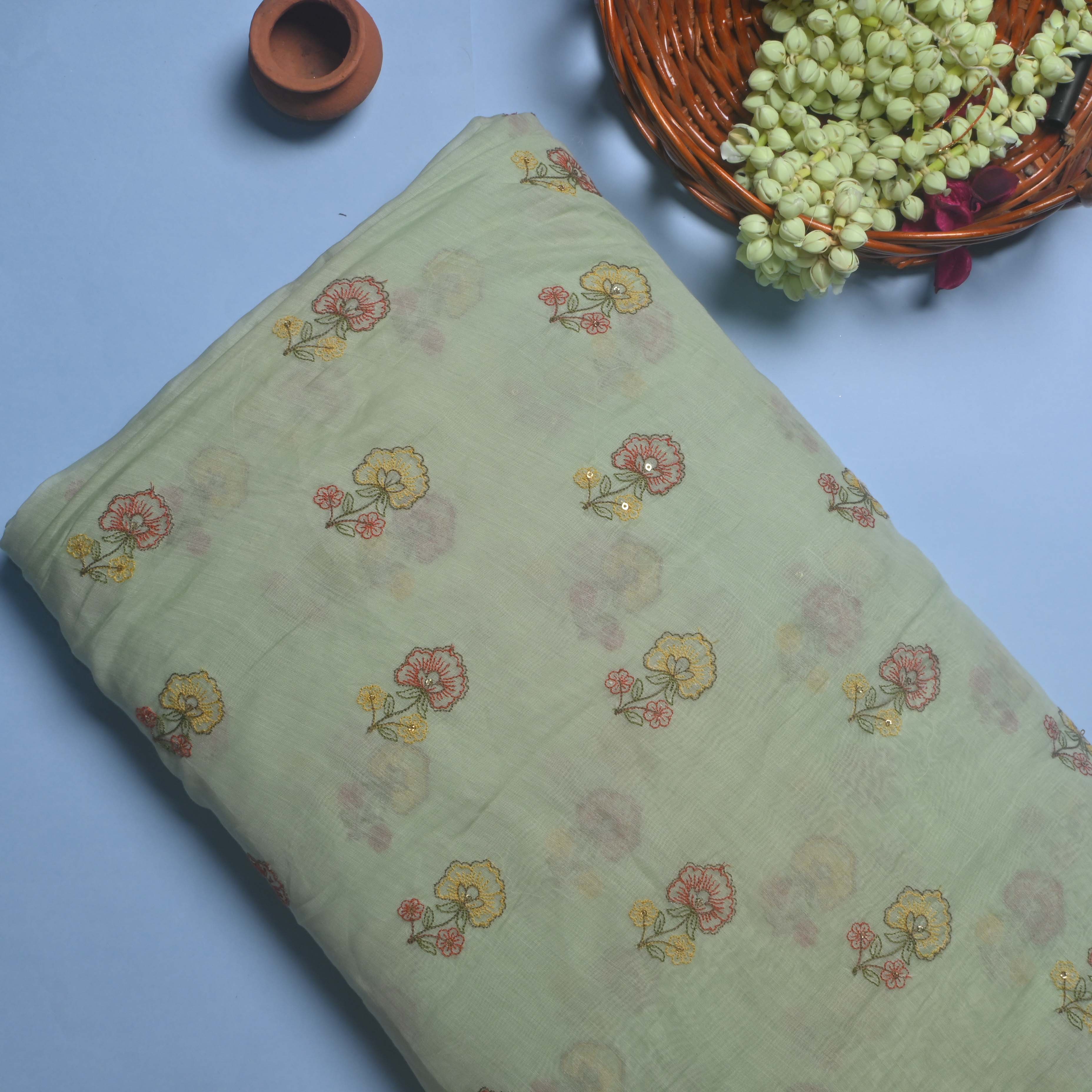 Calm Green Floral Chanderi Fabric With Embroidery