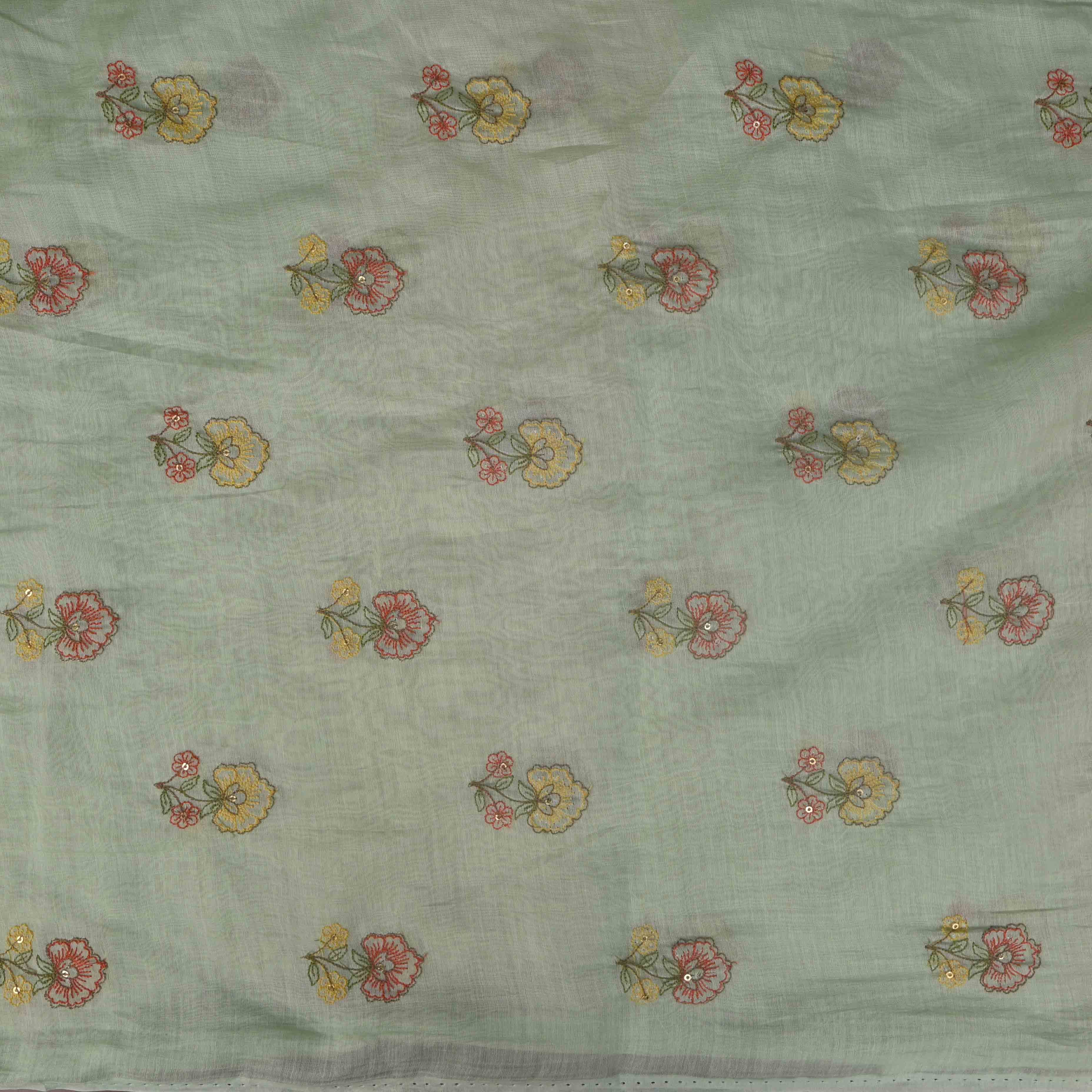 Calm Green Floral Chanderi Fabric With Embroidery