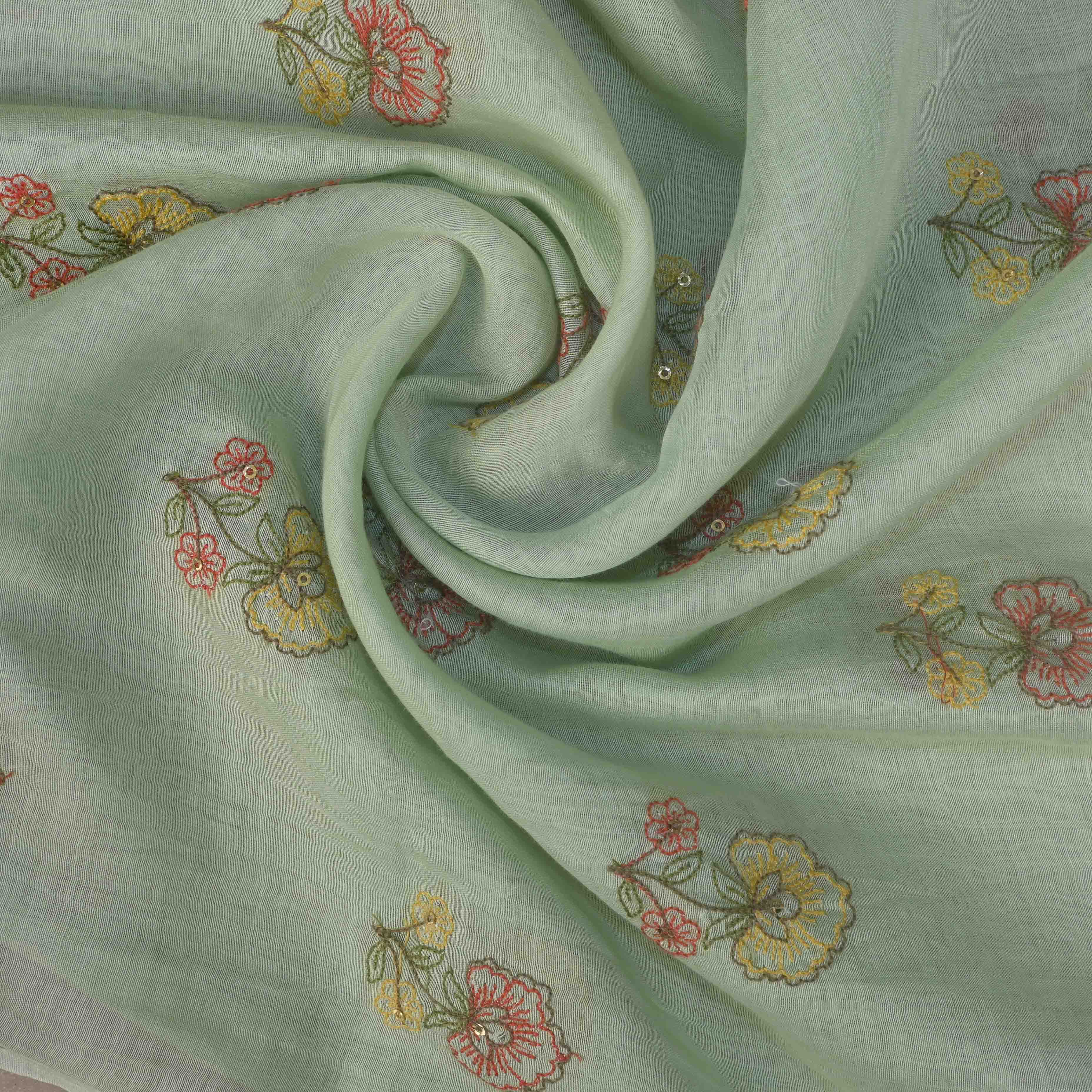 Calm Green Floral Chanderi Fabric With Embroidery