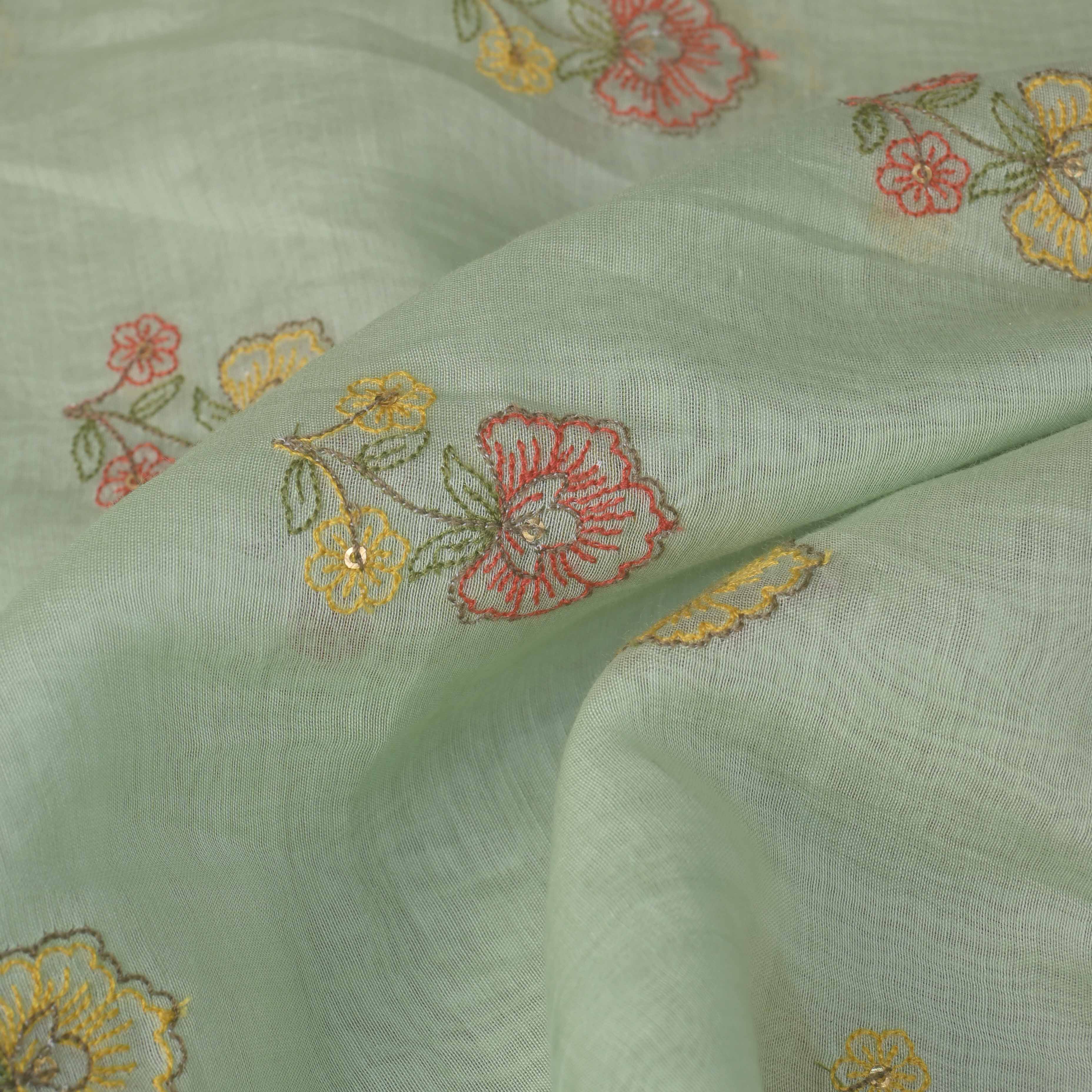 Calm Green Floral Chanderi Fabric With Embroidery
